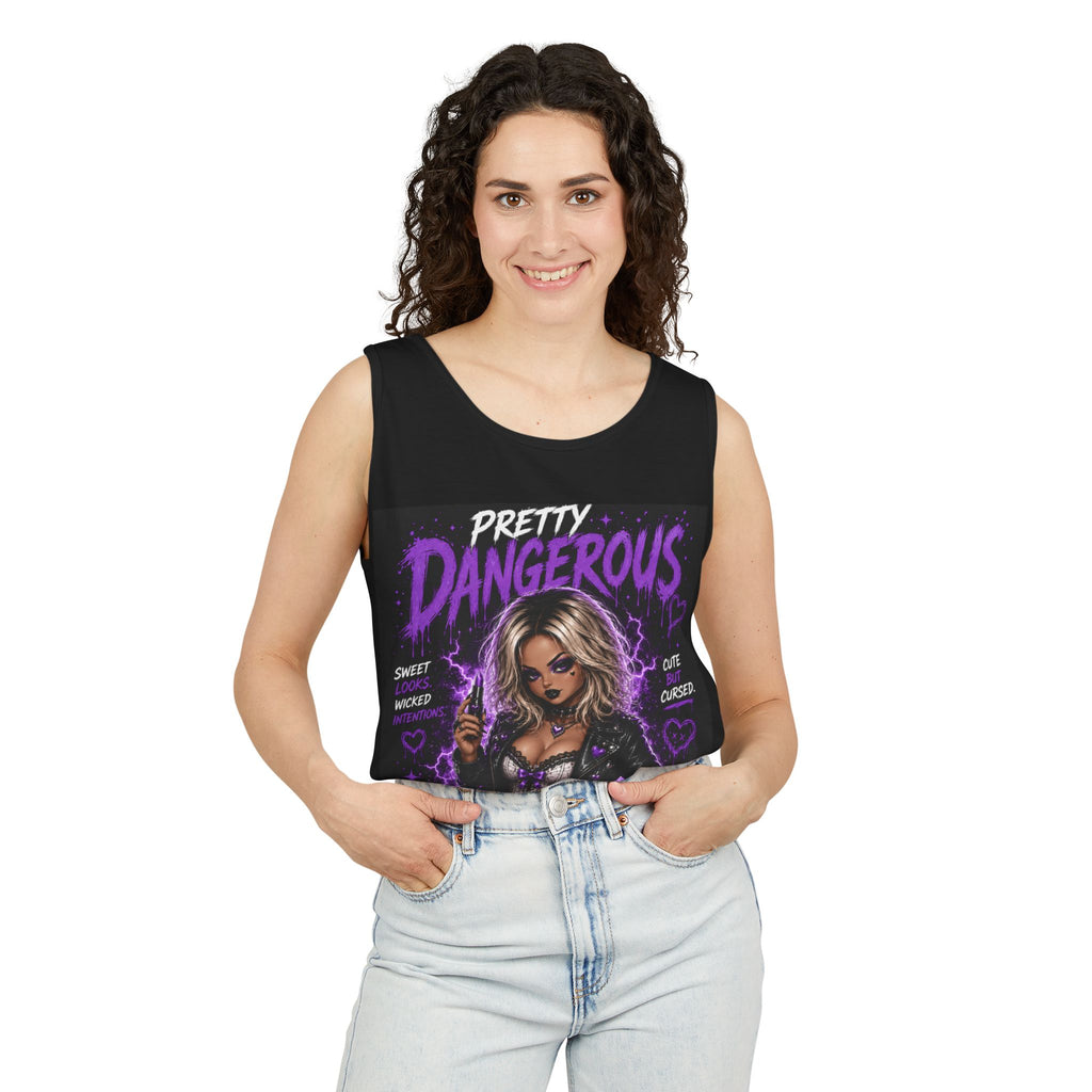 Camiseta sin mangas estampada — Ilustración gótica "Bastante peligrosa / Linda pero maldita"