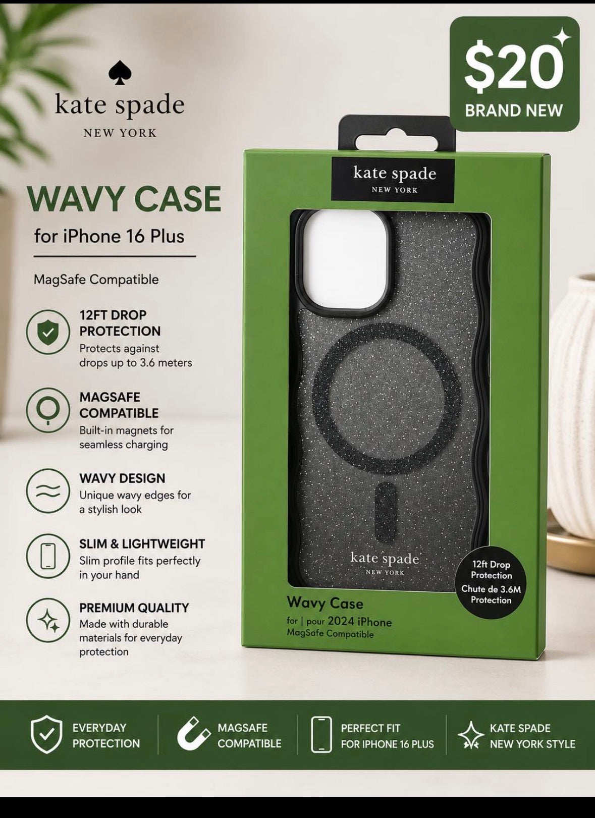 Kate Spade Wavy MagSafe Case – iPhone 16 Plus – Black Glitter (New)
