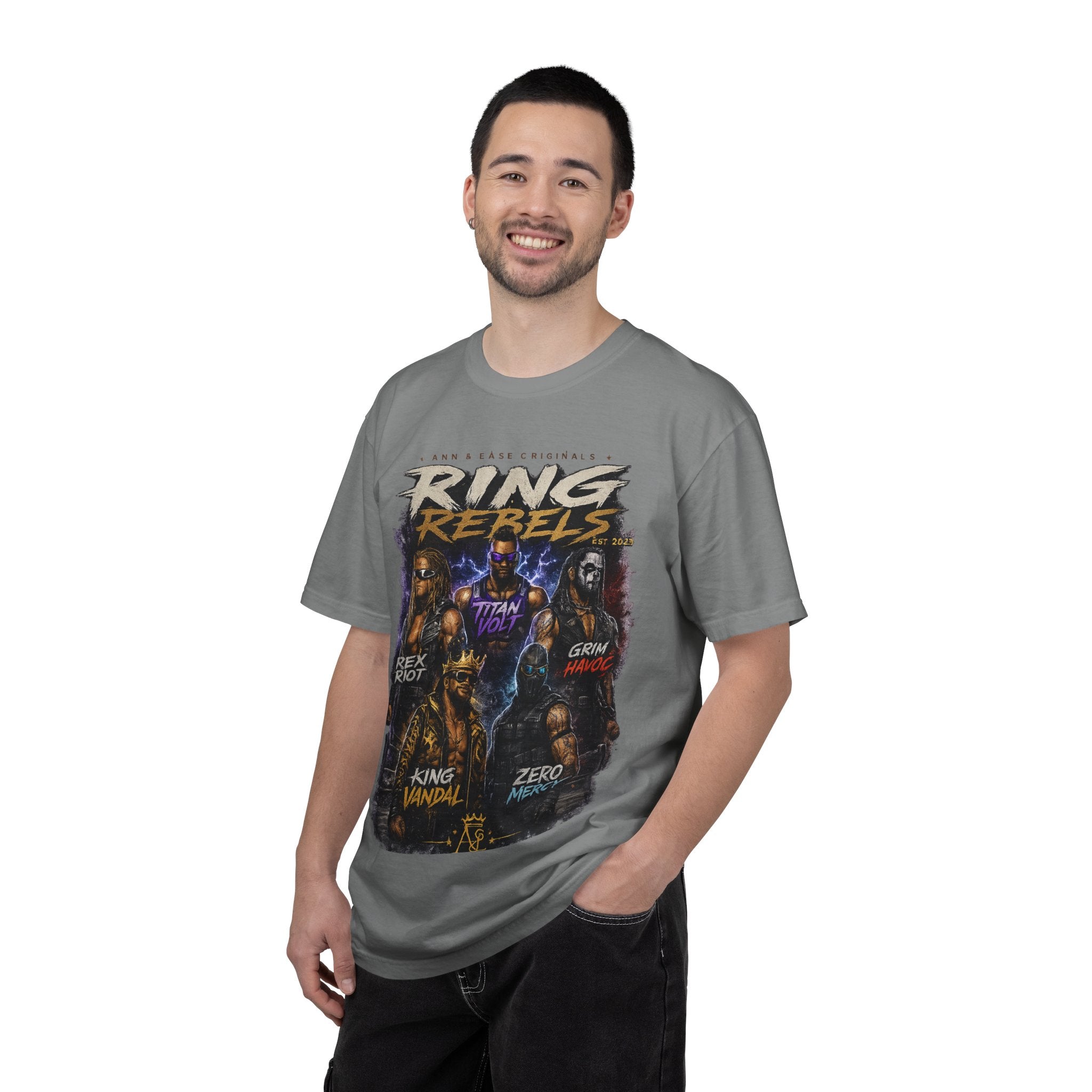 T-Shirt — Ring Rebels Graphic Tee (Rex Riot, Titan Bolt, Grim Havoc, King Vandal, Zero Mercy)