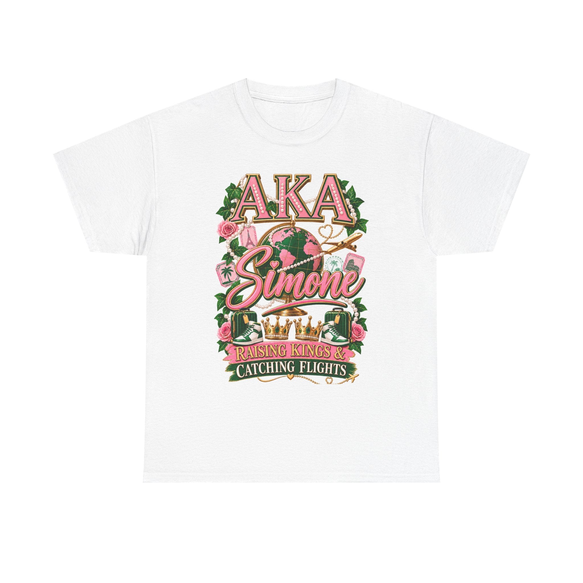 AKA Simone Globe Crown T‑Shirt — Pink & Green Sorority Travel Tee