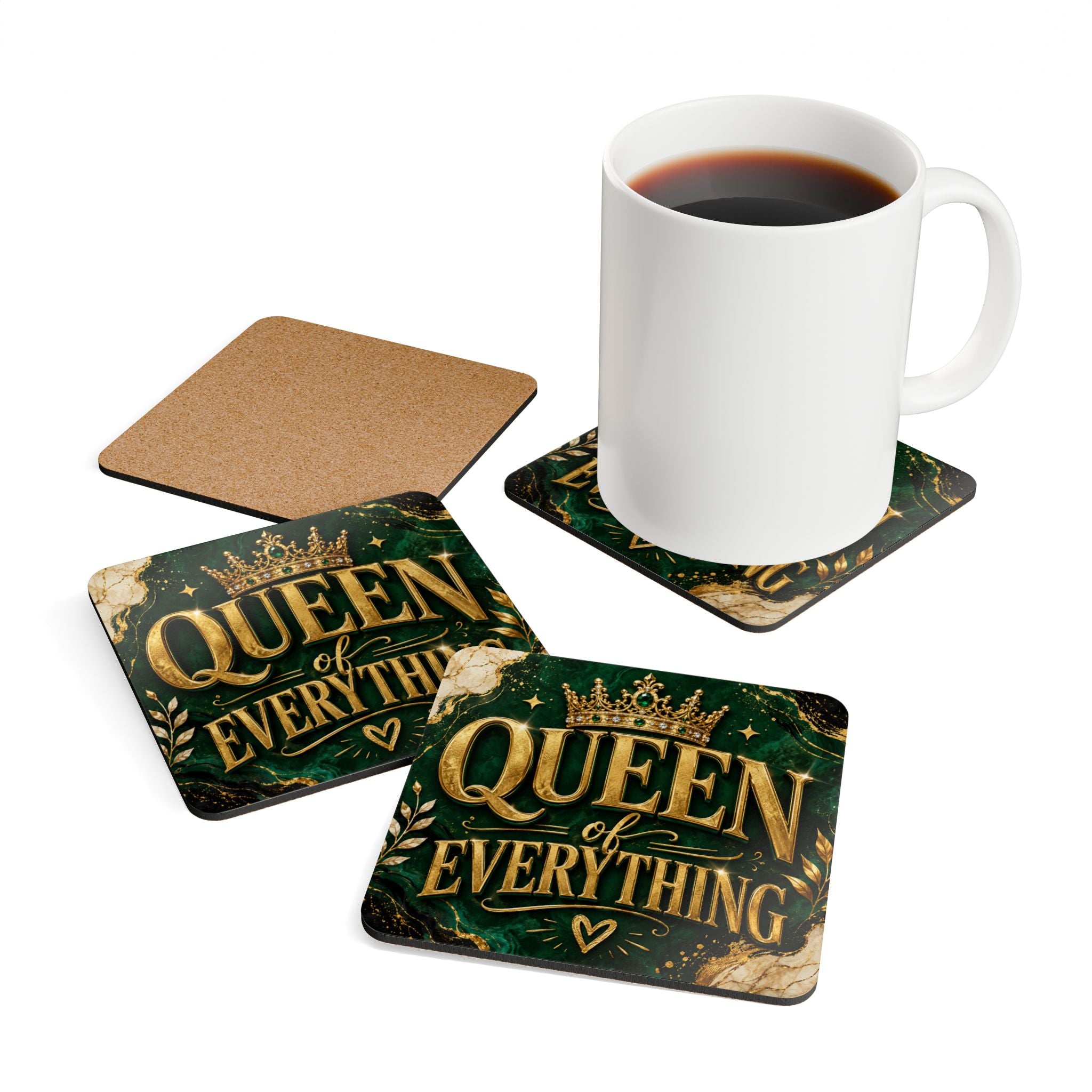 Queen of Everything Cork Coaster Set – Regal Green & Gold Drink Coasters (4-Pack)