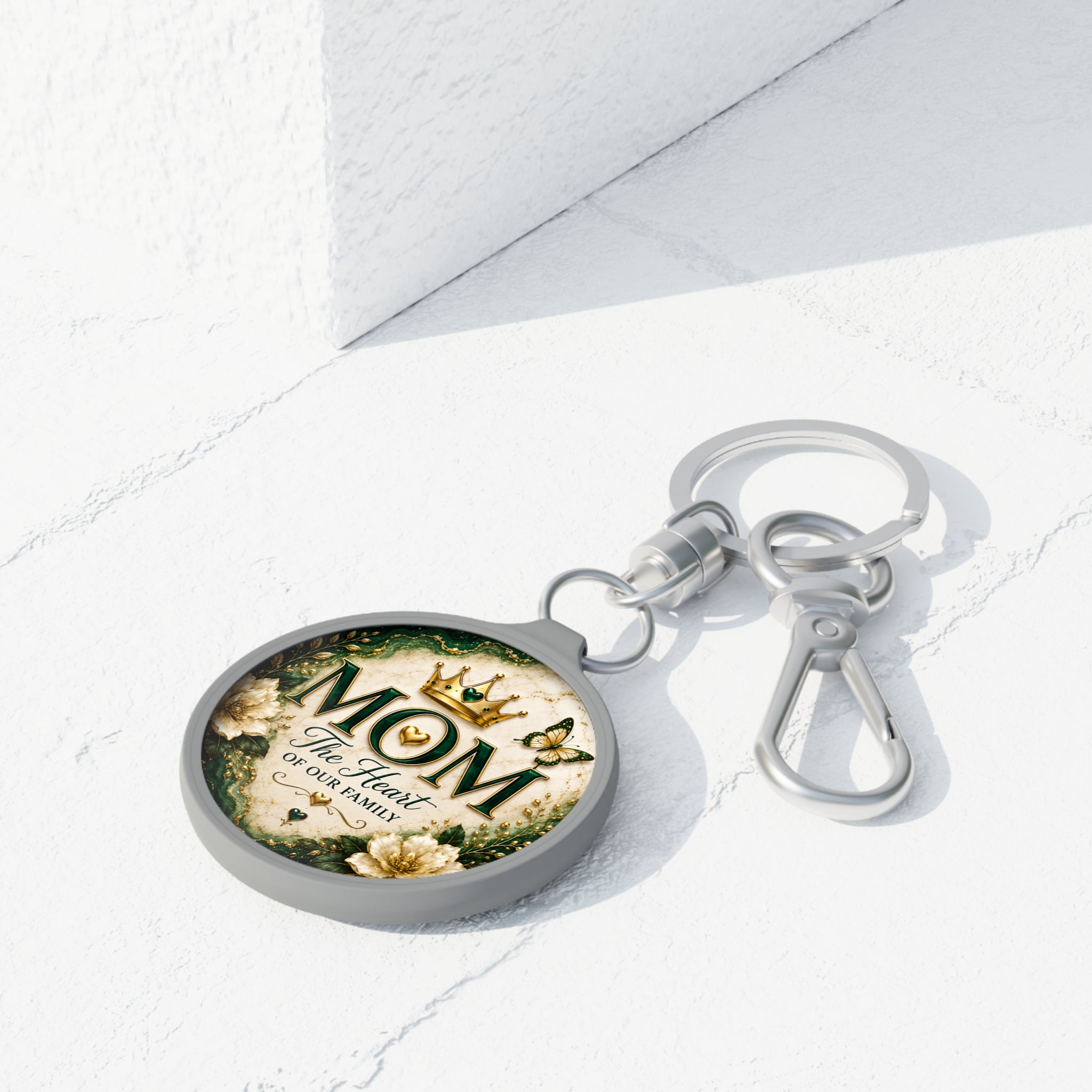 Keyring Tag - "MOM The Heart of Our Family" Floral Crowned Mom Keychain