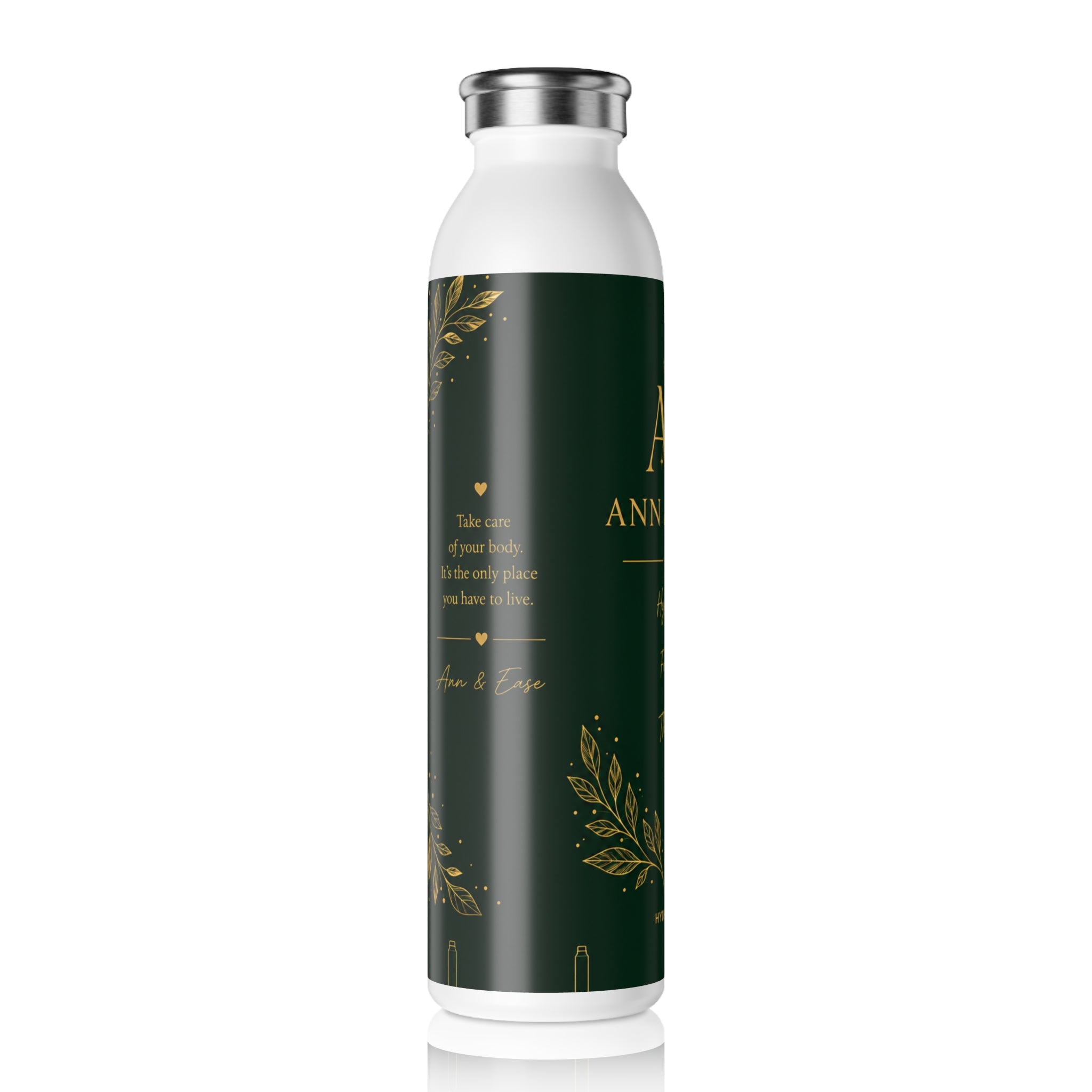 Botella de agua delgada con monograma — Botella personalizada elegante verde y dorada