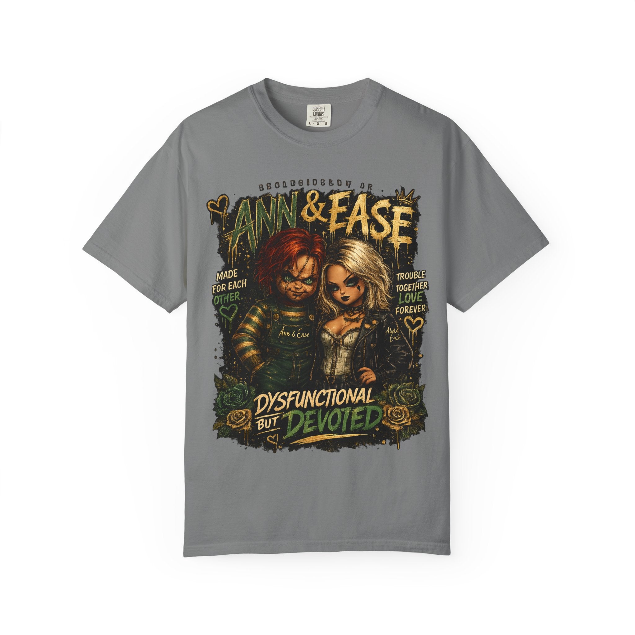 T-Shirt — "Ann & Ease: Dysfunctional But Devoted" Horror Couple Graphic Tee