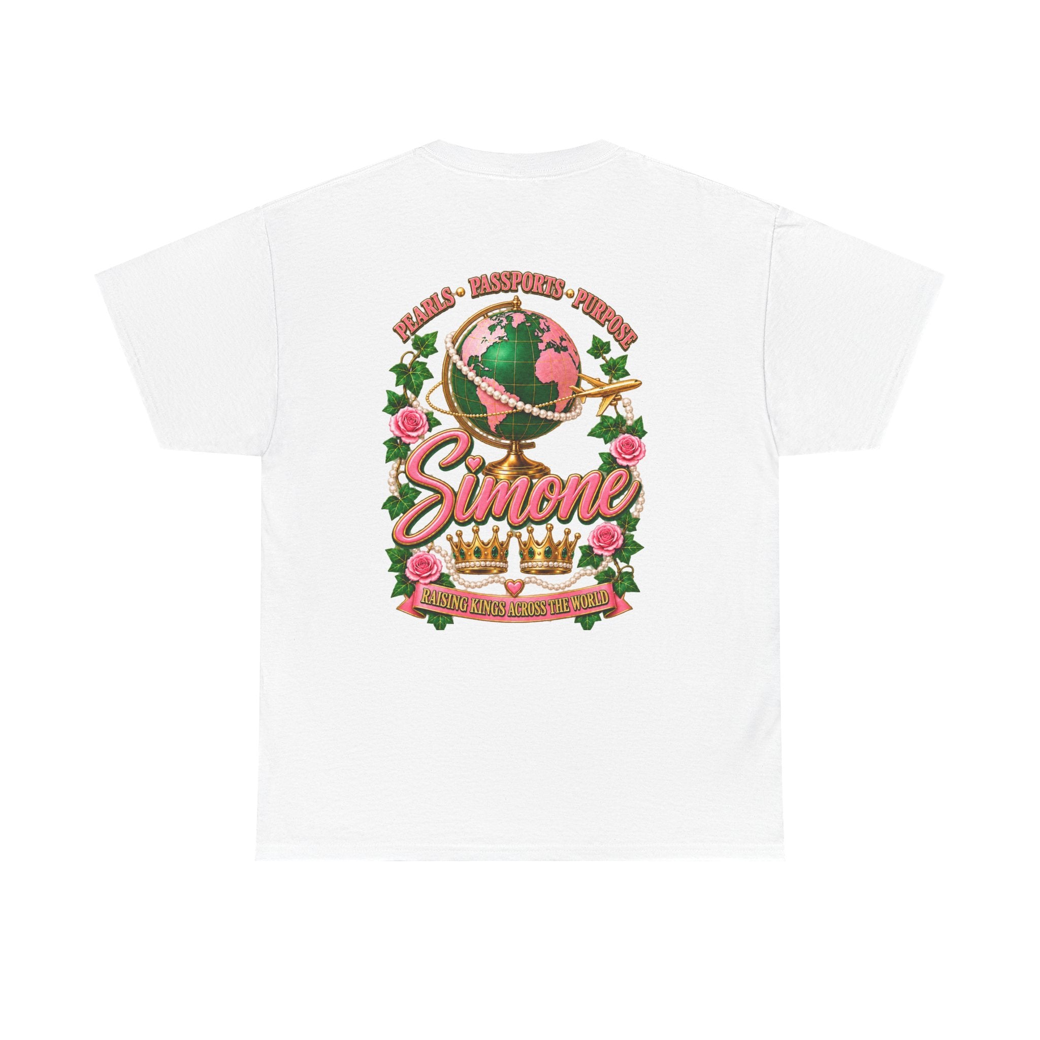 AKA Simone Globe Crown T‑Shirt — Pink & Green Sorority Travel Tee