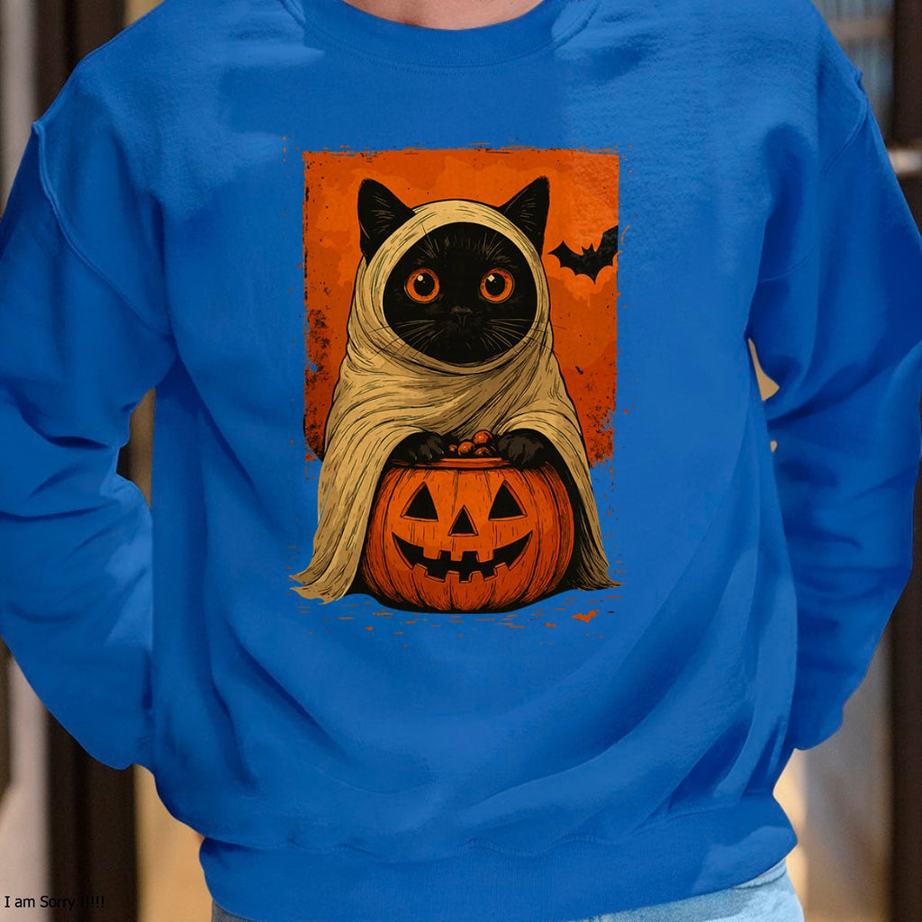 Divertida camiseta para mujer con diseño vintage de gato negro, calabaza de Halloween y fantasma espeluznante - Camiseta/Sudadera con capucha unisex de Halloween - NGHL00