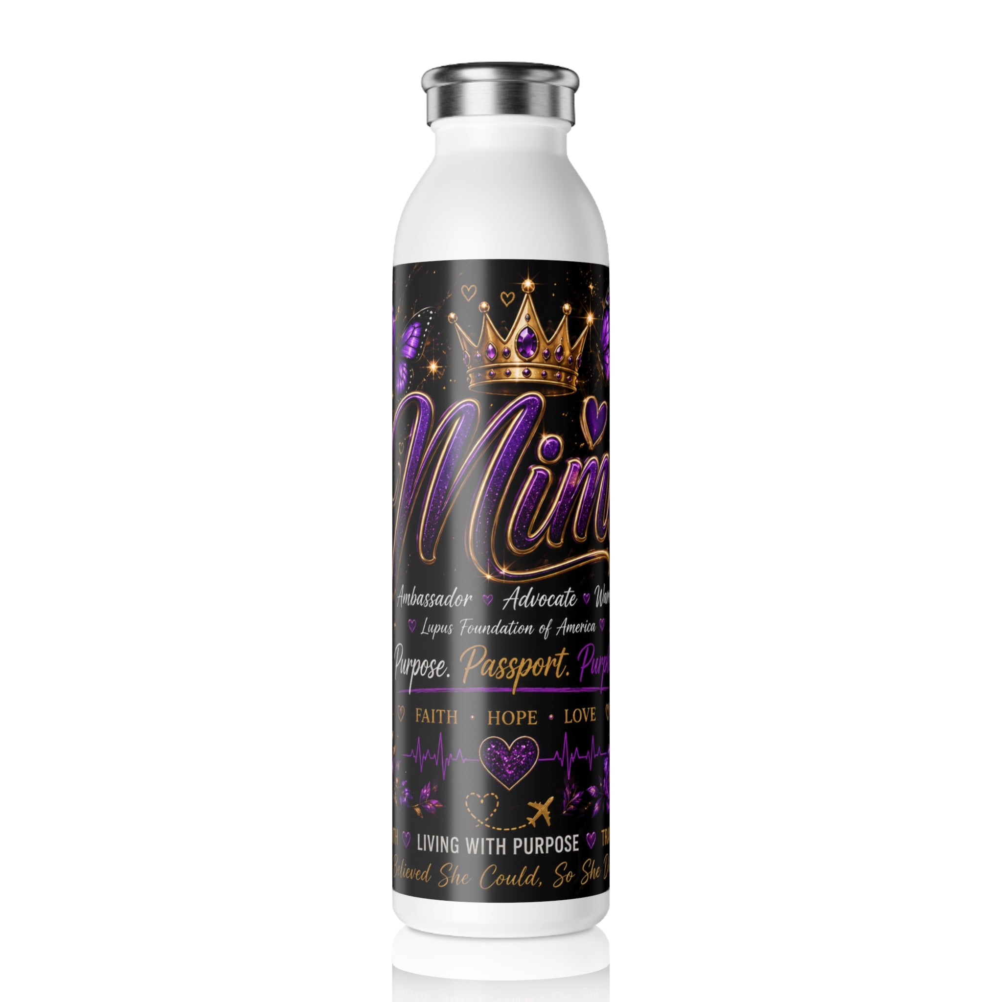 Slim Water Bottle — Mimi Inspirational Crown Design, Purple Butterfly Motivational Bottle