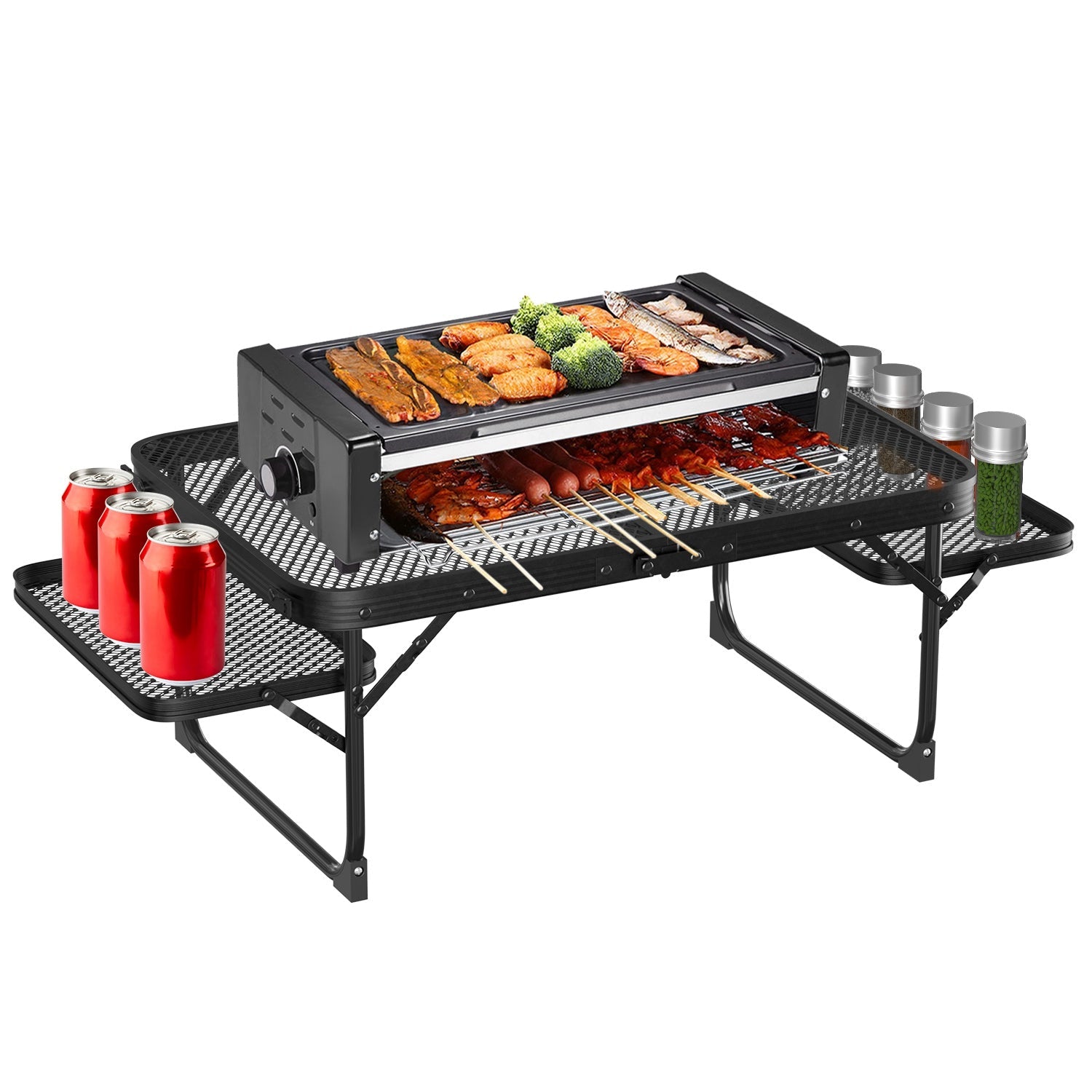 Mesa de camping plegable, portátil, de aleación de aluminio, soporte para parrilla, capacidad máxima de 88 libras, mesa de barbacoa con 2 bandejas laterales