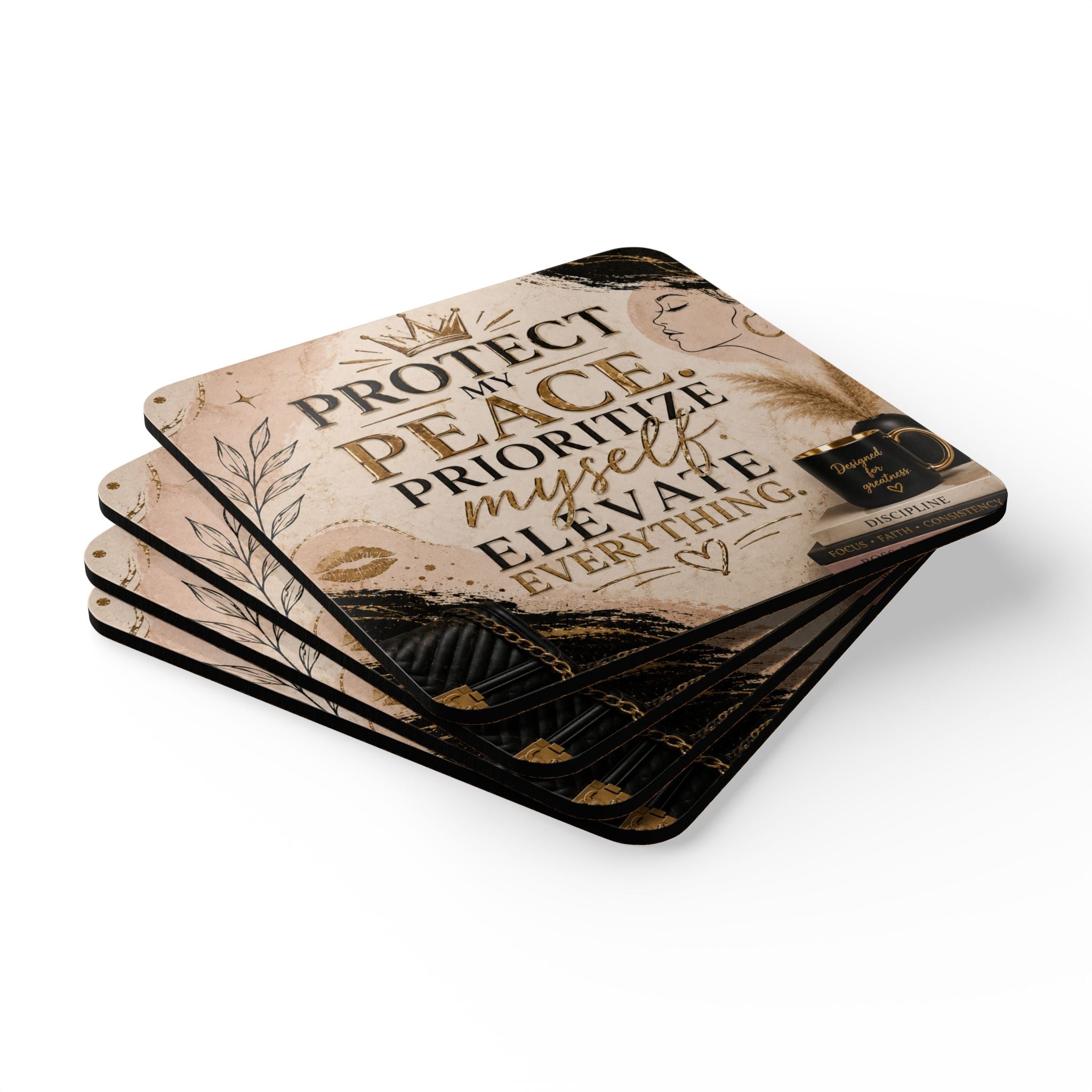 Cork Coaster Set - "Protect My Peace" Inspirational Motivational Drink Coasters
