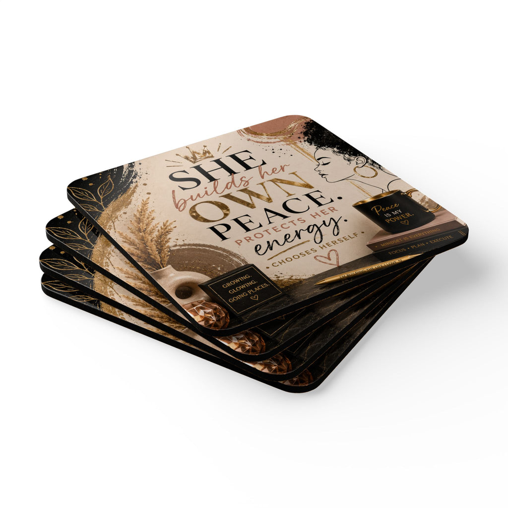 Inspirational Cork Coaster Set – "She Builds Her Own Peace"