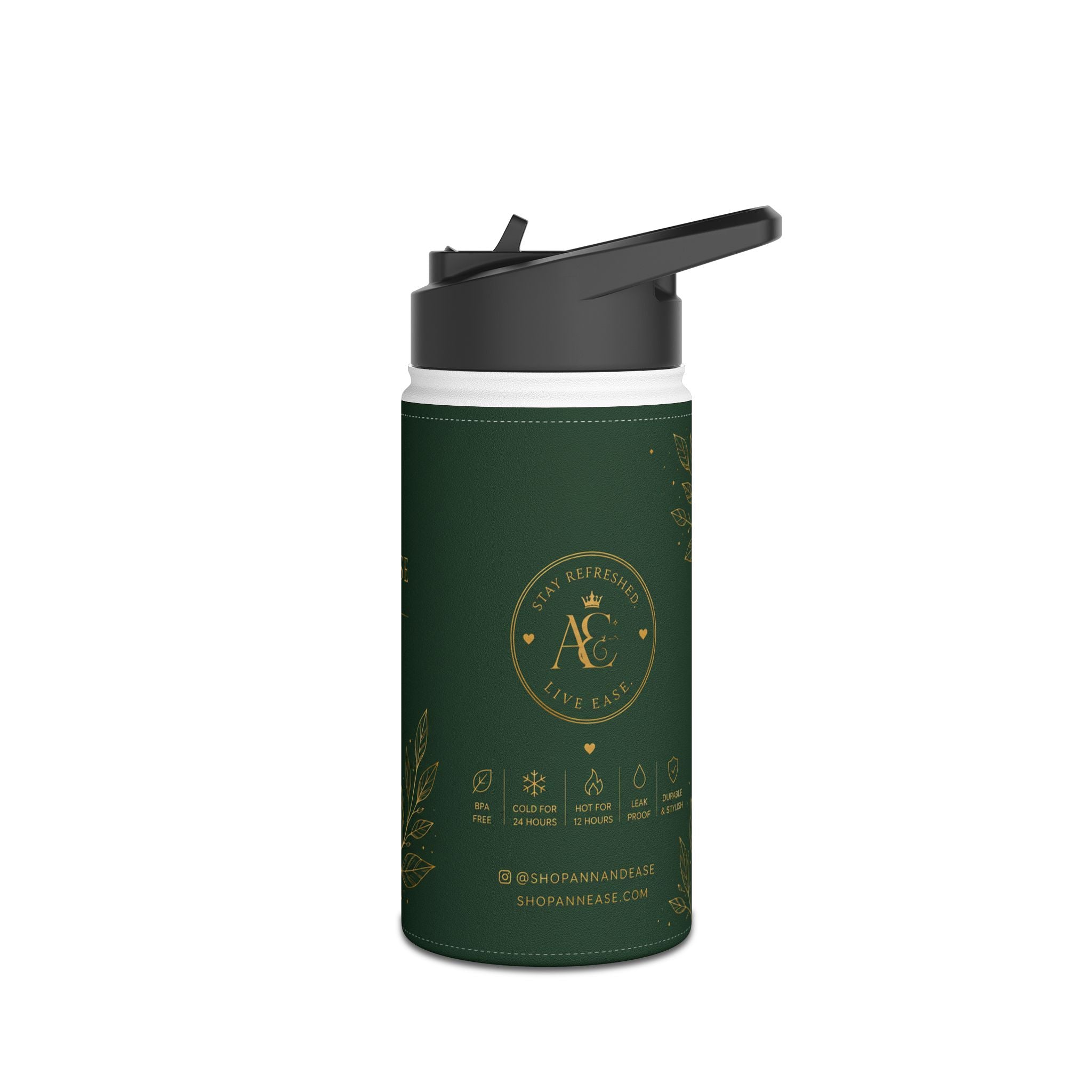 Green Botanical Stainless Steel Water Bottle — "Ann & Ease" Elegant Floral Design