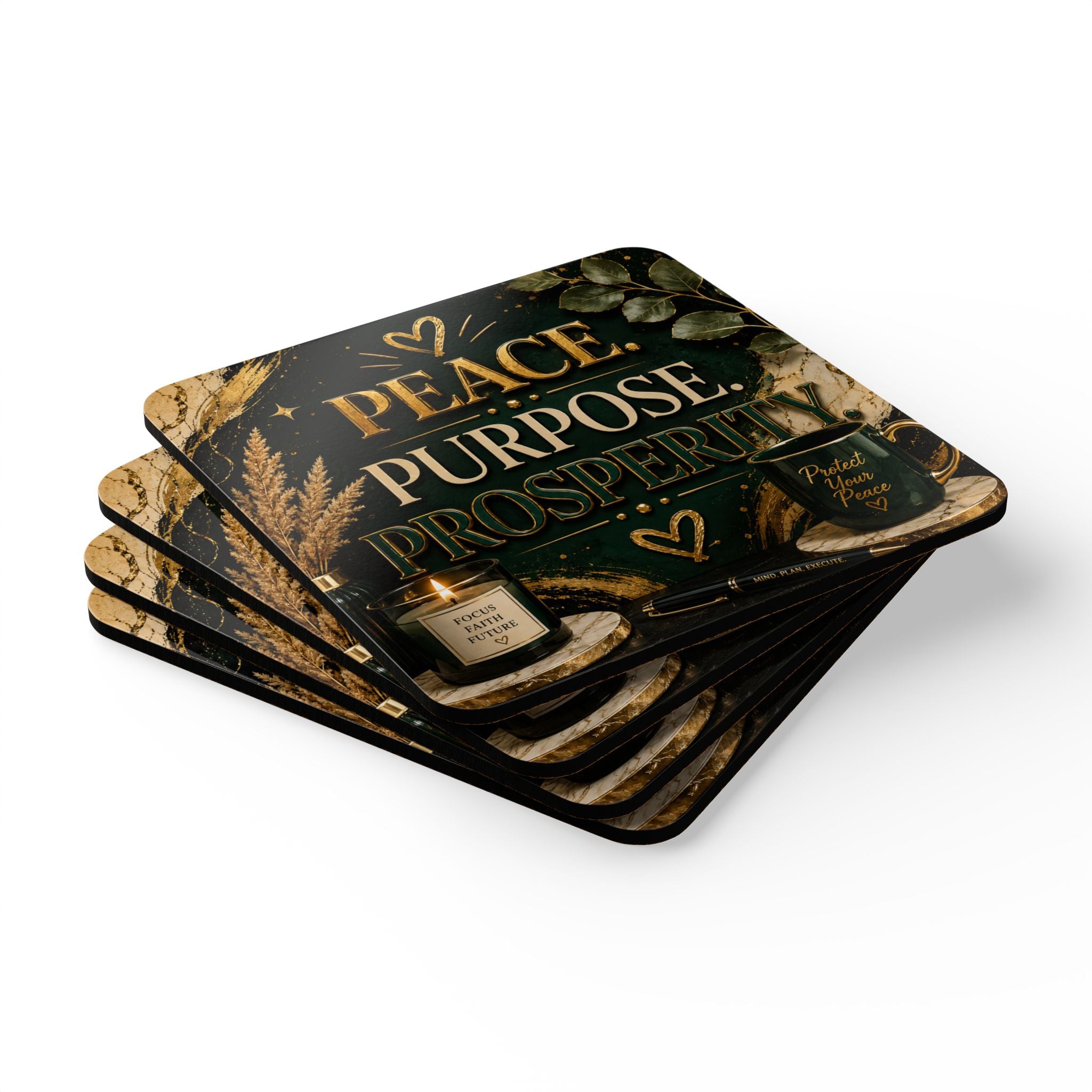 Peace Purpose Prosperity Cork Coaster Set — Inspirational Drink Coasters (4-Pack)
