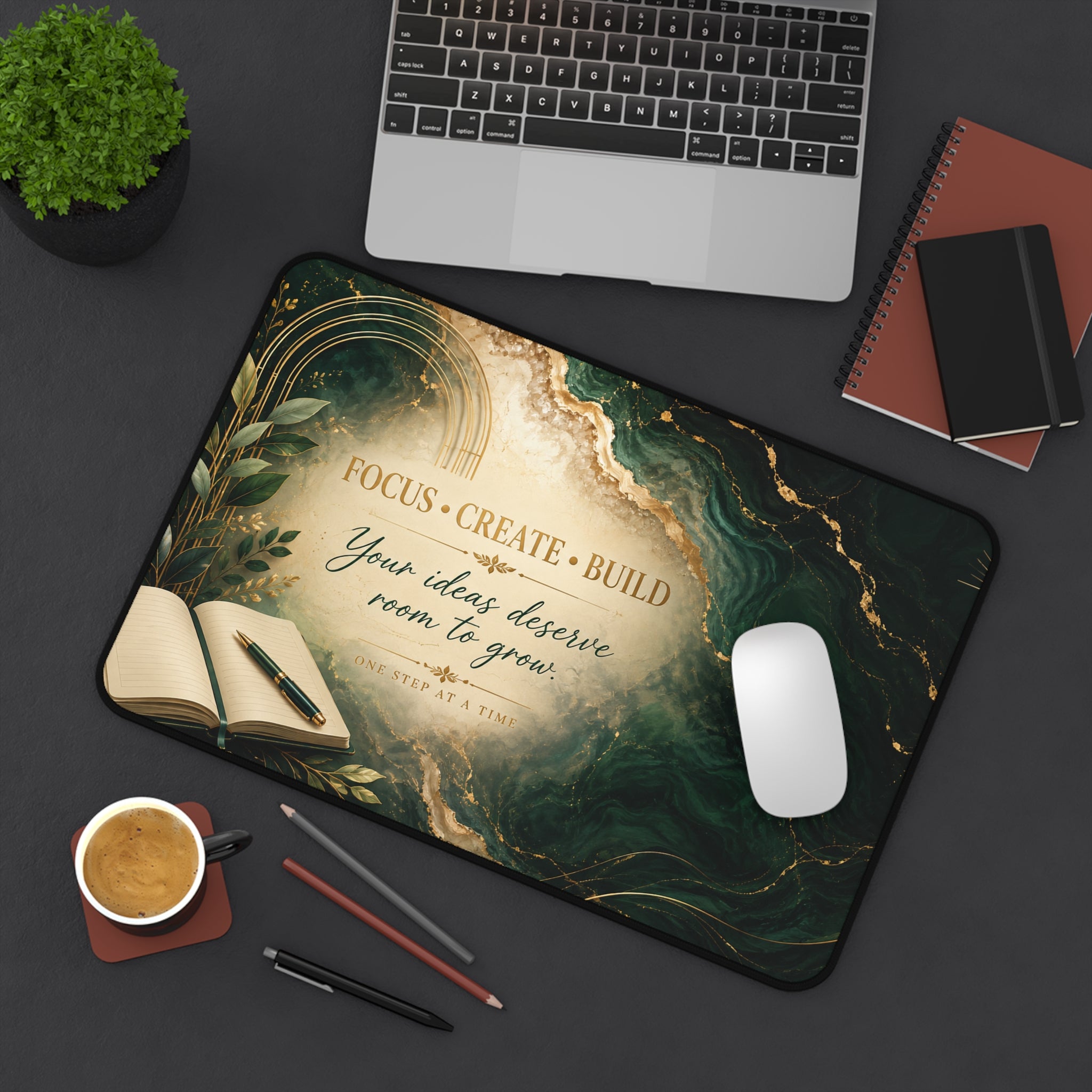 Motivational Desk Mat — "Focus • Create • Build — Your ideas deserve room to grow"