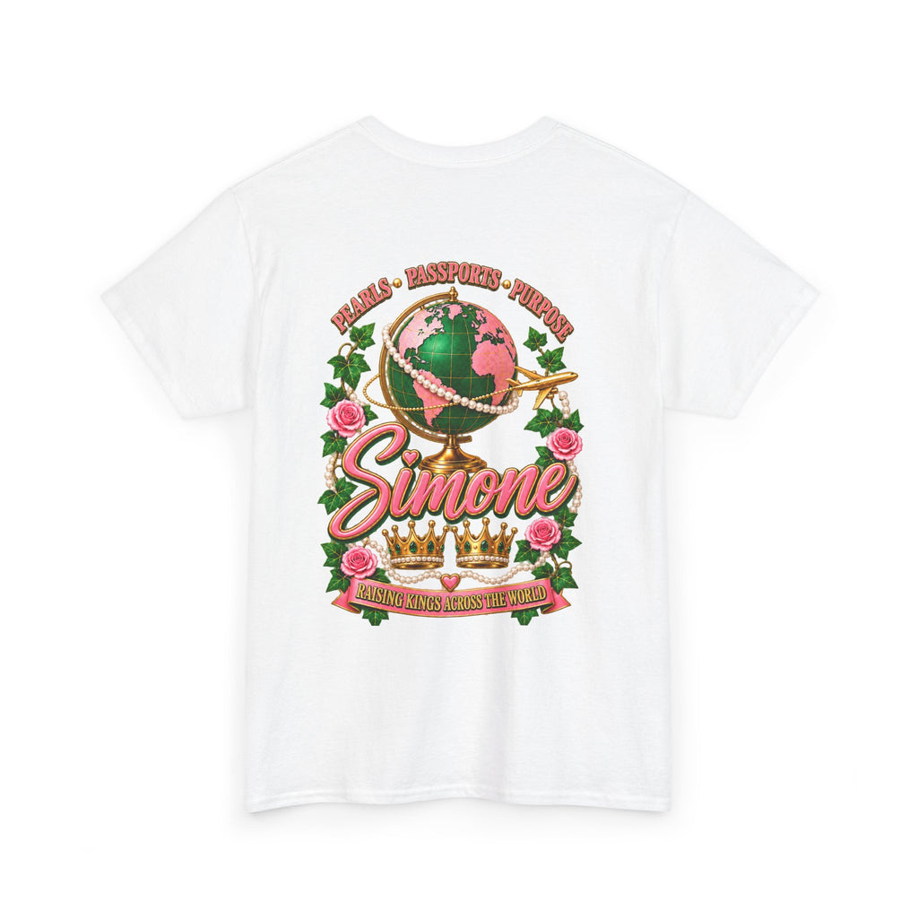 AKA Simone Globe Crown T‑Shirt — Pink & Green Sorority Travel Tee