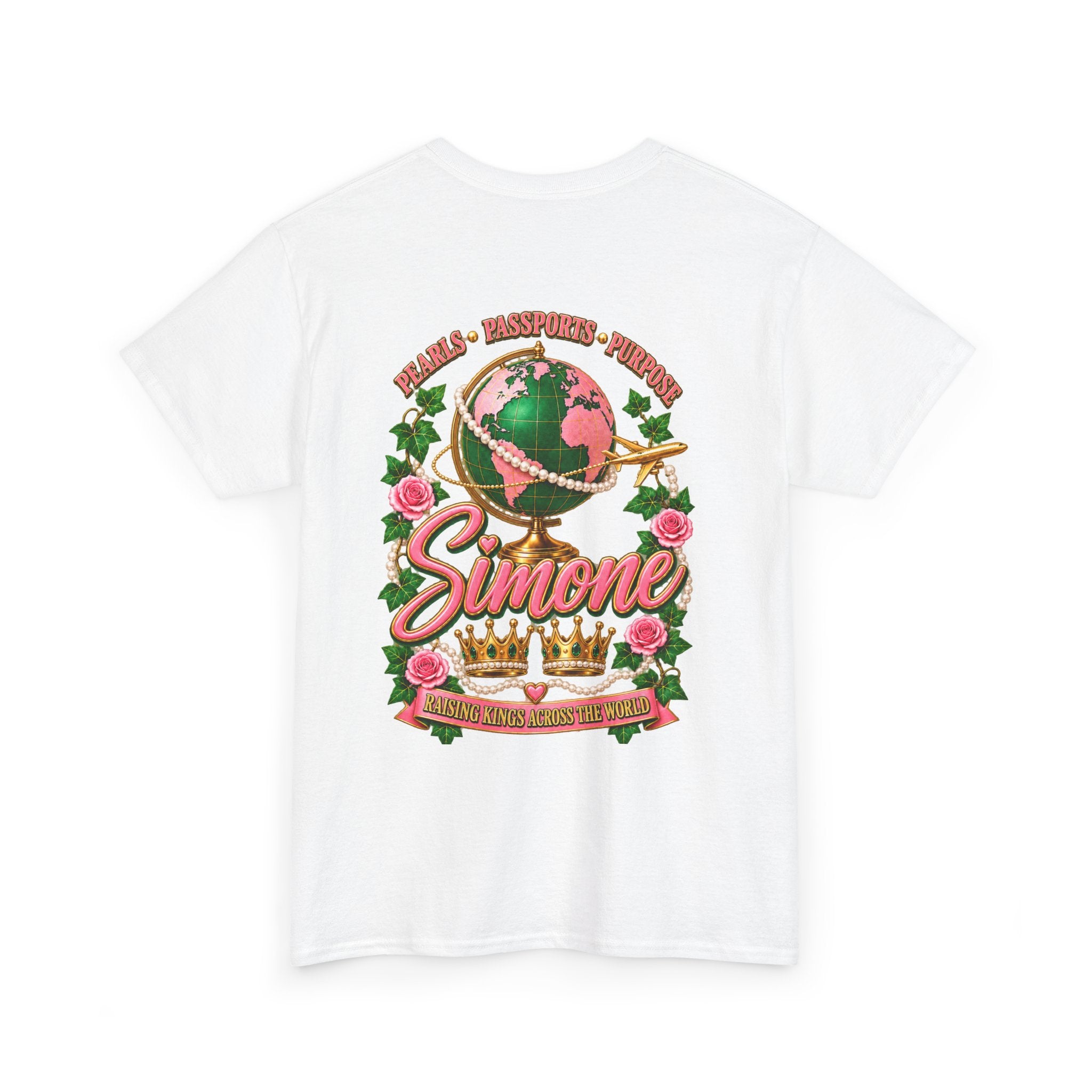 AKA Simone Globe Crown T‑Shirt — Pink & Green Sorority Travel Tee