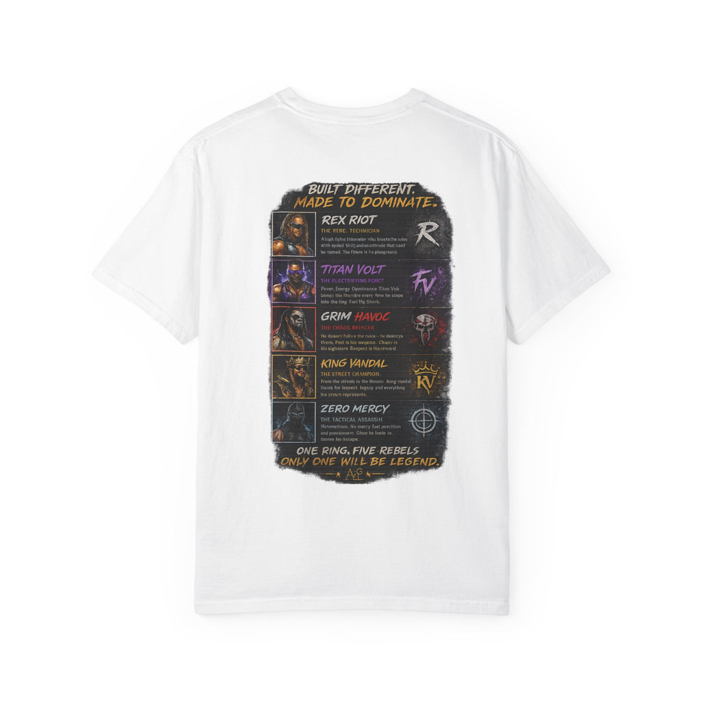 Playera — Camiseta gráfica Ring Rebels (Rex Riot, Titan Bolt, Grim Havoc, King Vandal, Zero Mercy)