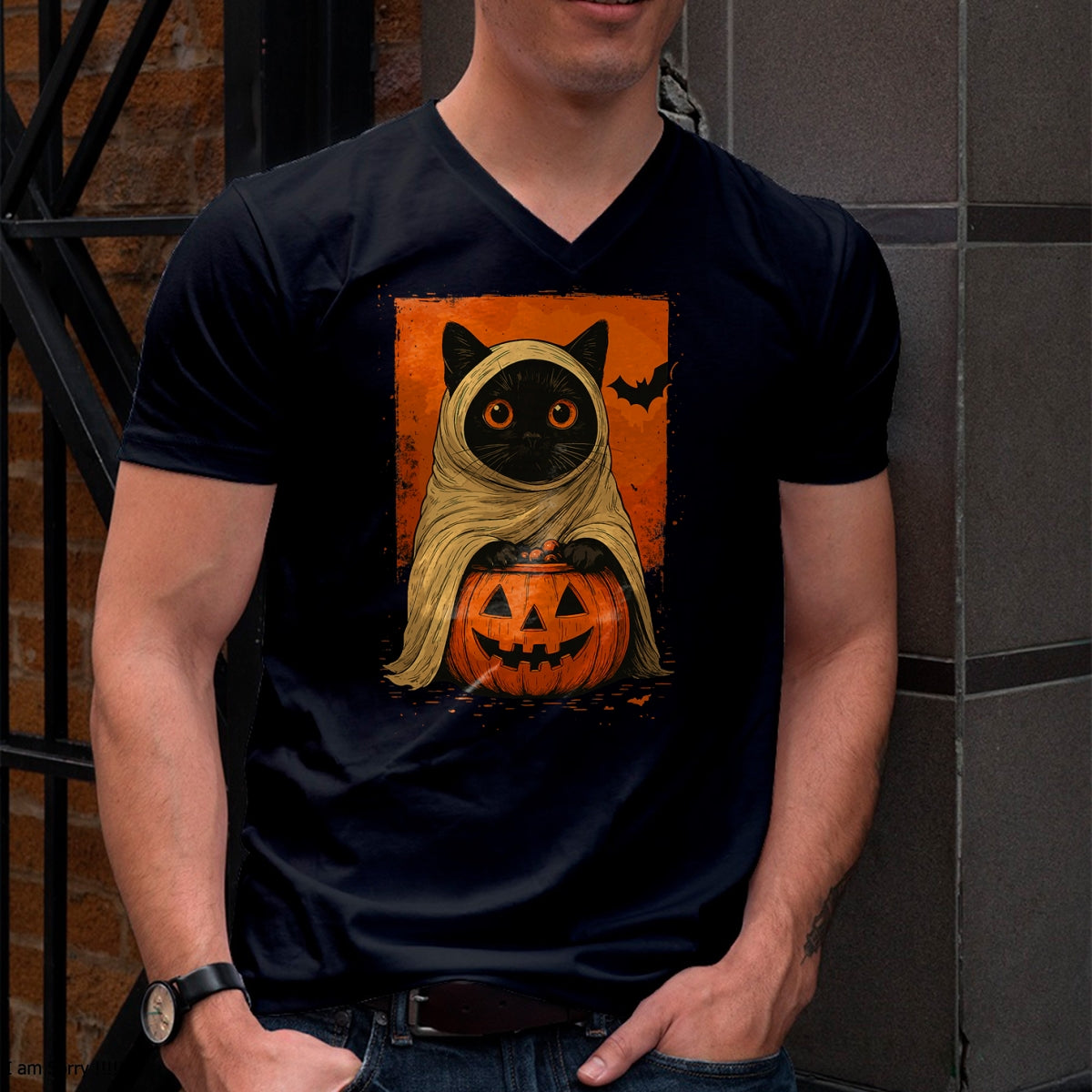 Divertida camiseta para mujer con diseño vintage de gato negro, calabaza de Halloween y fantasma espeluznante - Camiseta/Sudadera con capucha unisex de Halloween - NGHL00