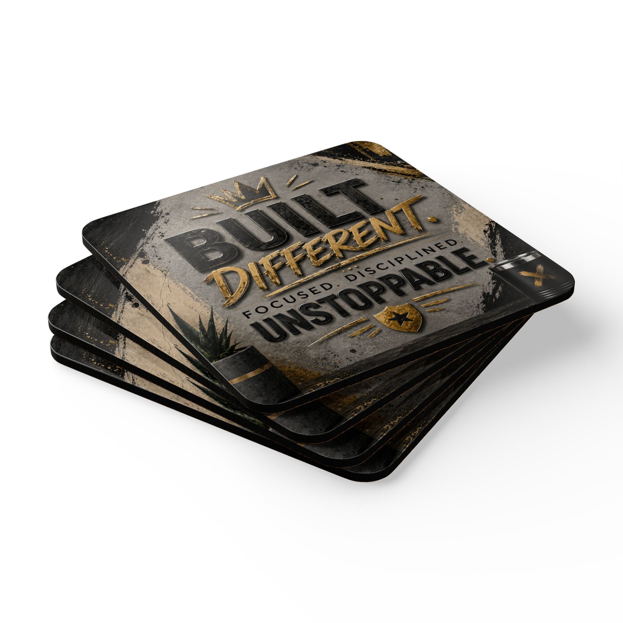 Coaster Set — "Built Different. Focused. Disciplined. Unstoppable." Motivational Cork Coasters