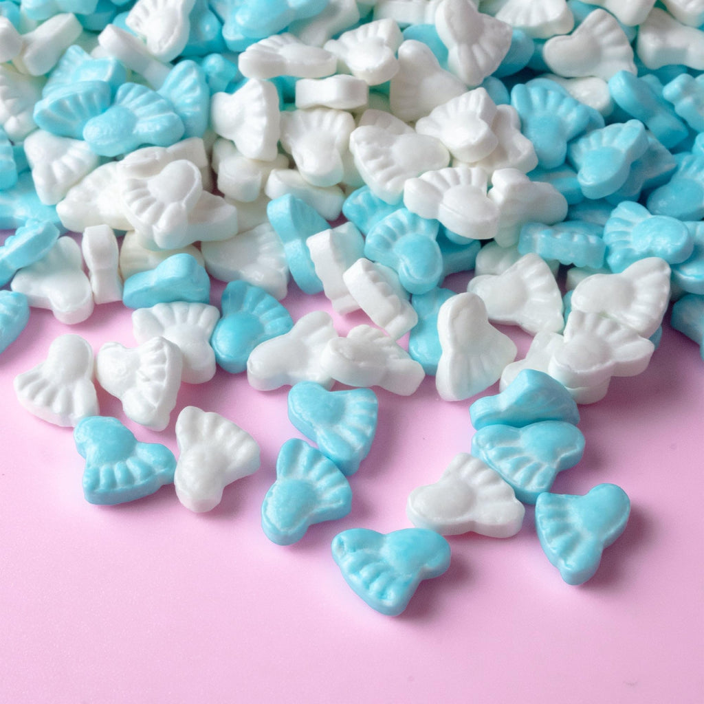 Oasis Supply Grageas y figuras de azúcar para baby shower – Decoración comestible para pasteles, magdalenas y galletas – Decoración para hornear para fiestas de revelación de género, niño, niña y neutras (Pies de bebé - Azul)