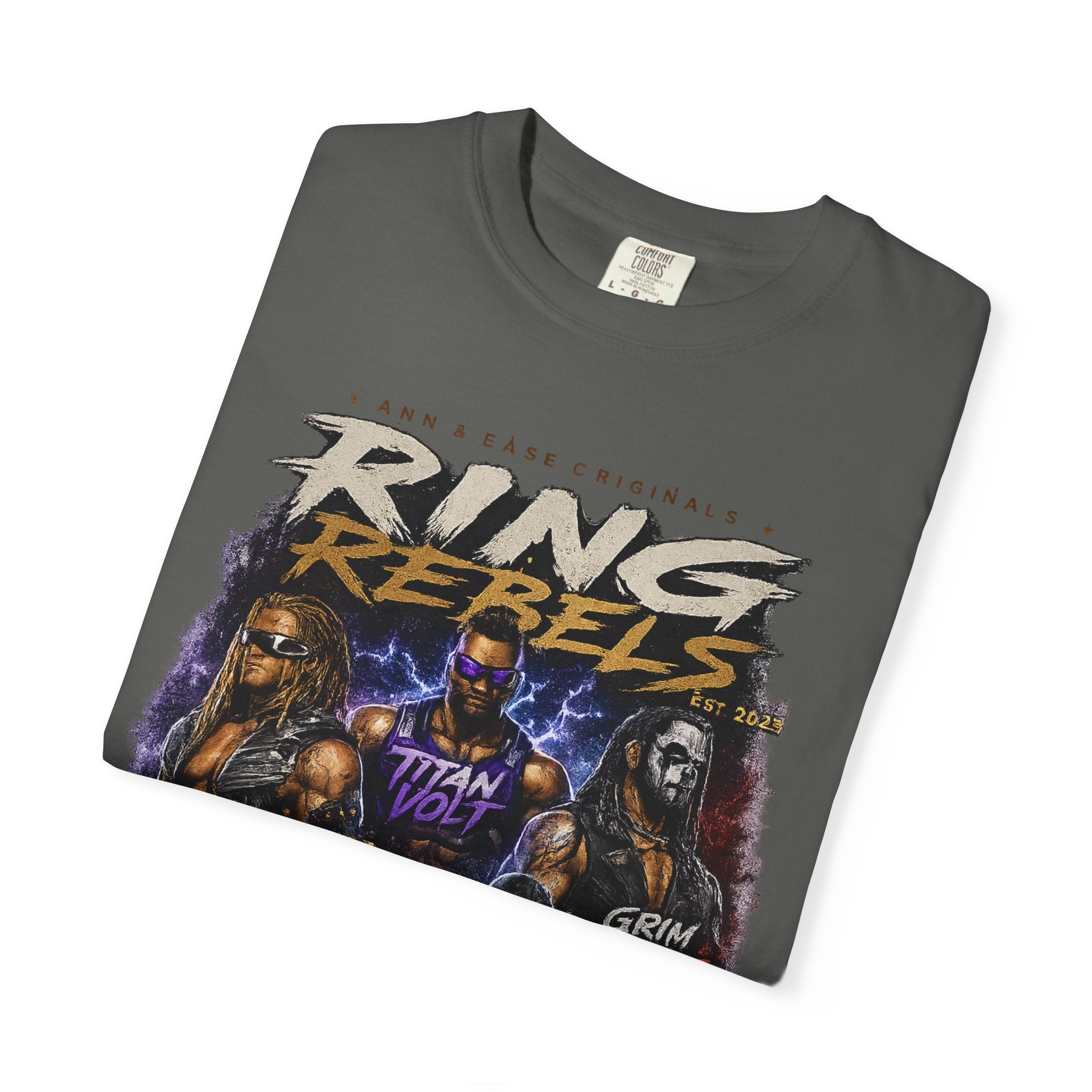 Playera — Camiseta gráfica Ring Rebels (Rex Riot, Titan Bolt, Grim Havoc, King Vandal, Zero Mercy)