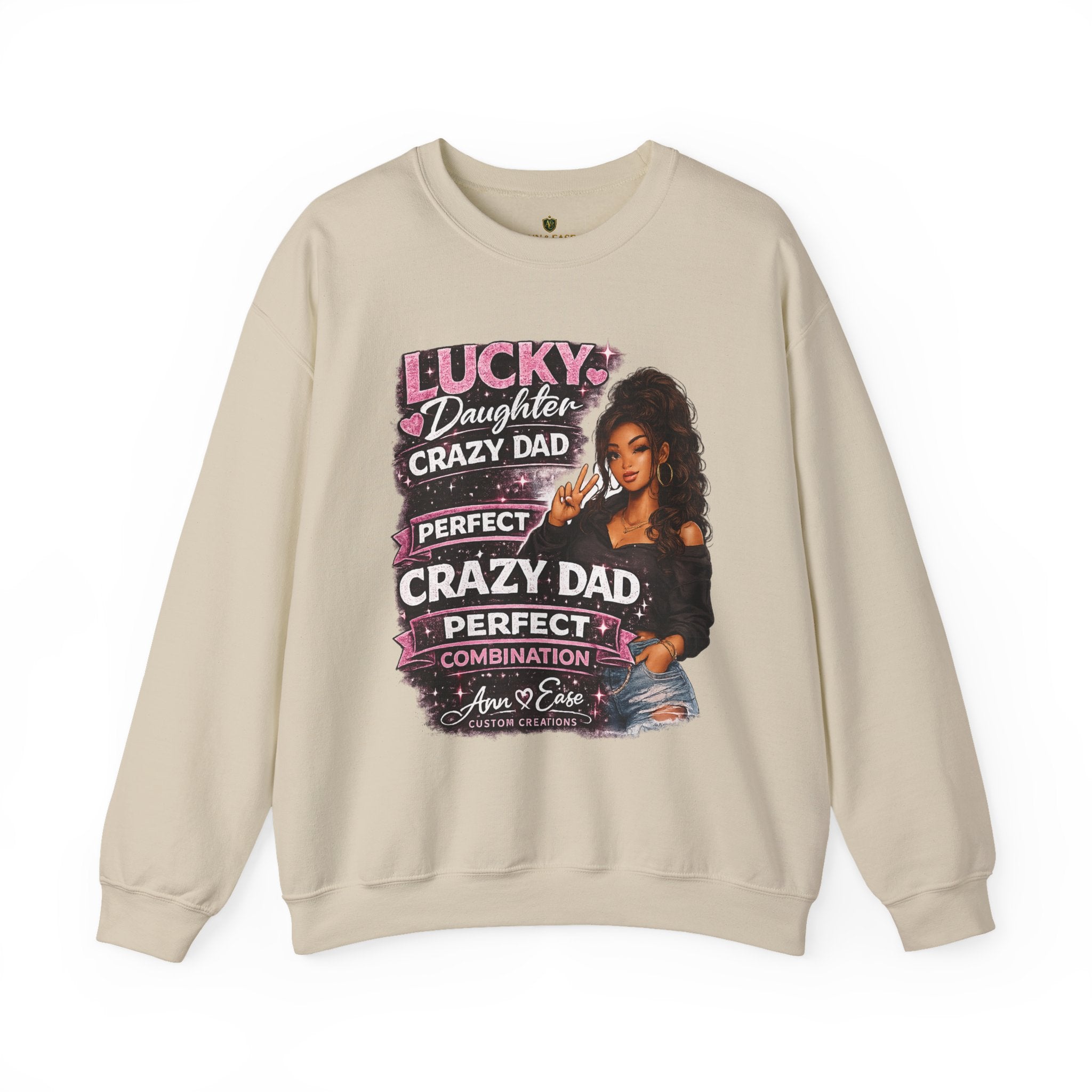 Crewneck Sweatshirt — "Lucky Daughter, Crazy Dad" Pink Graphic Father-Daughter Pullover