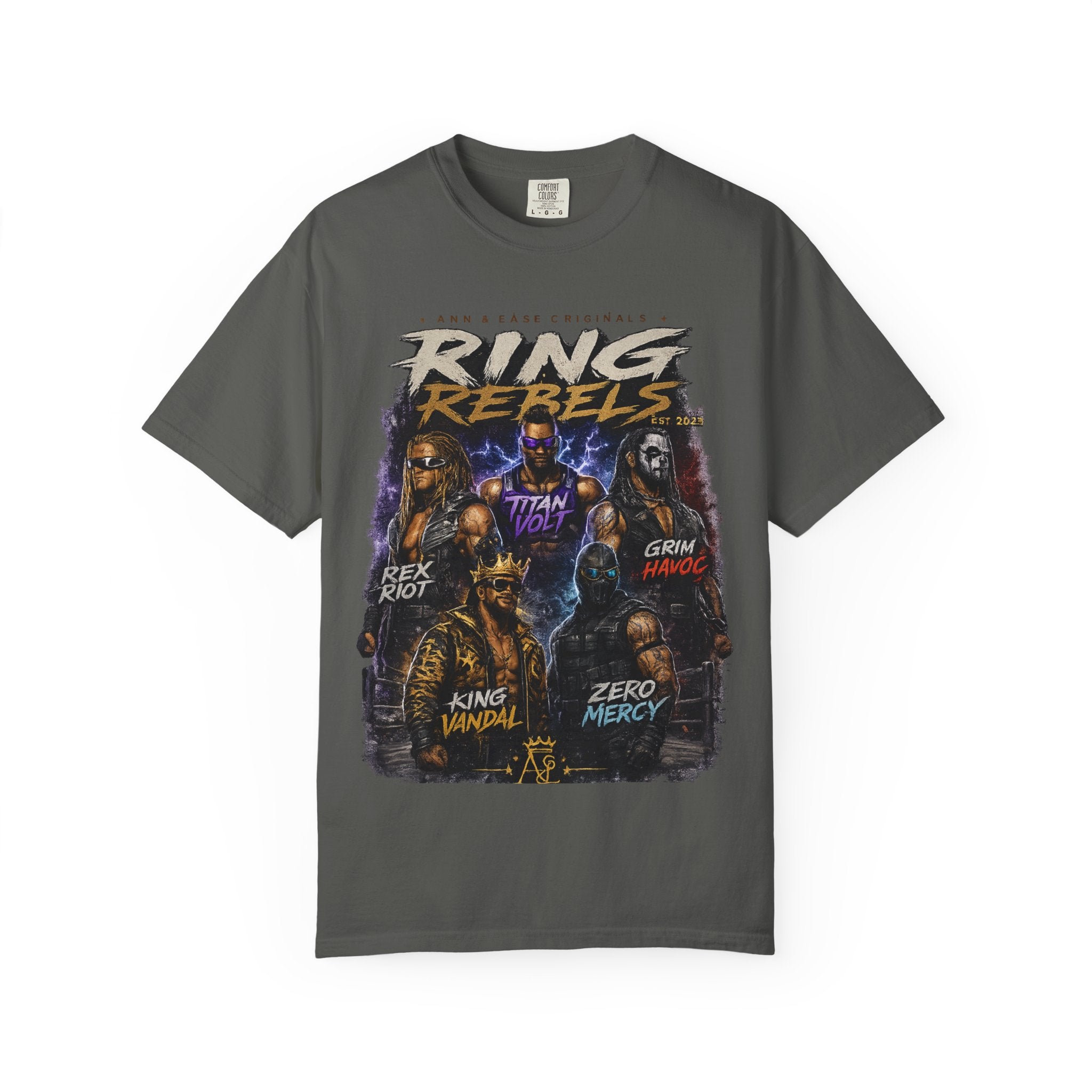 T-Shirt — Ring Rebels Graphic Tee (Rex Riot, Titan Bolt, Grim Havoc, King Vandal, Zero Mercy)