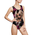 Traje de baño de una pieza gótico rosa punk para mujer – "Dulce por fuera, malvada por dentro"