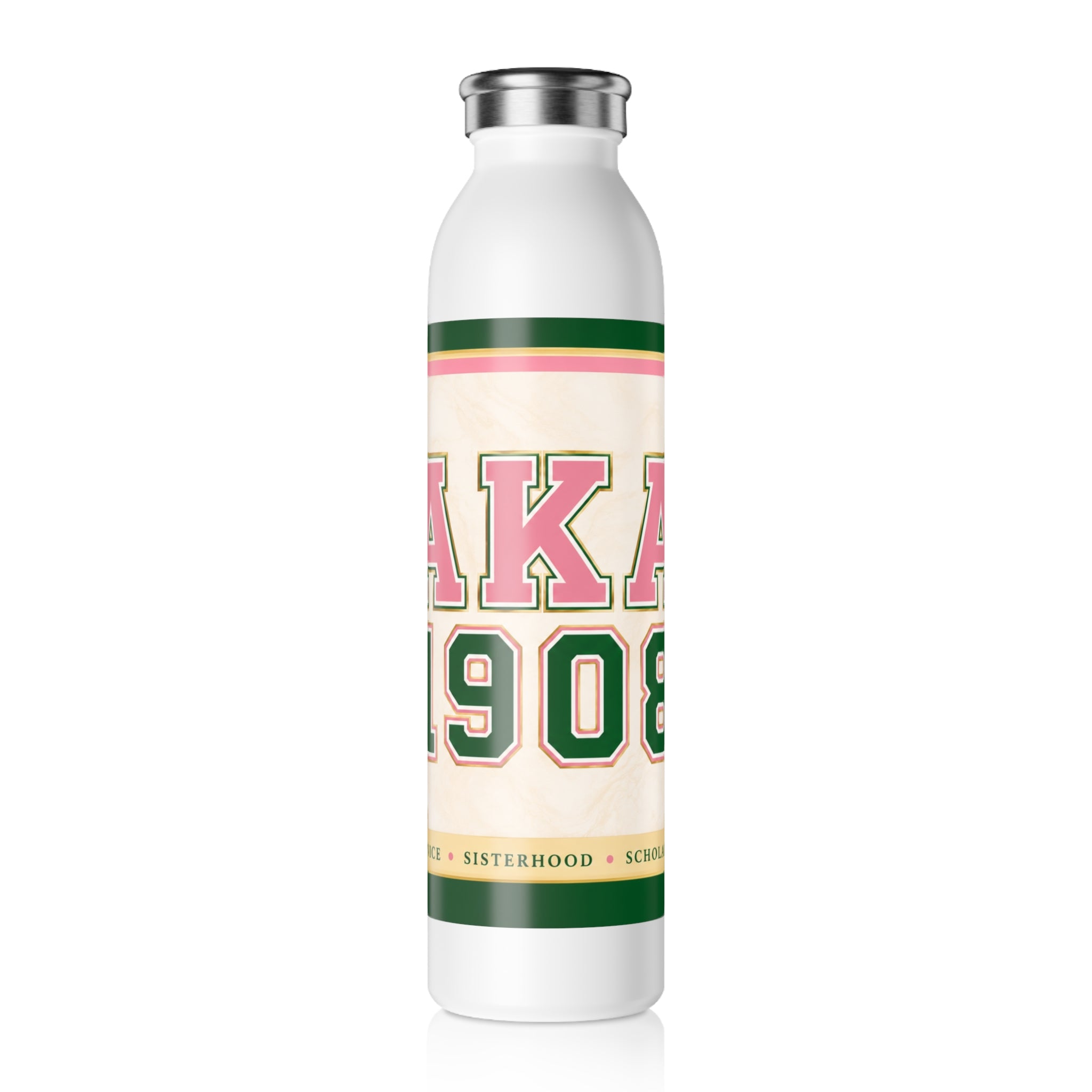 AKA 1908 Slim Water Bottle — Termo de acero inoxidable para hermandad, rosa y verde