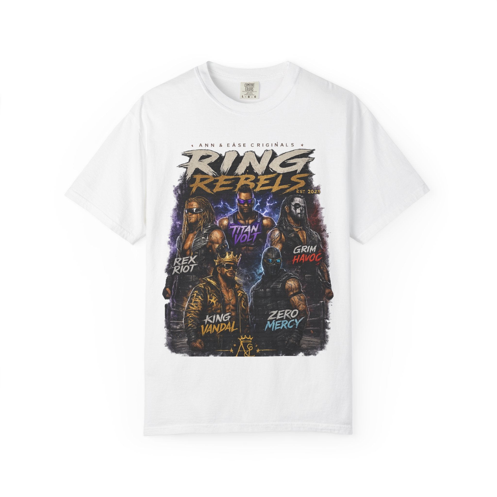 T-Shirt — Ring Rebels Graphic Tee (Rex Riot, Titan Bolt, Grim Havoc, King Vandal, Zero Mercy)