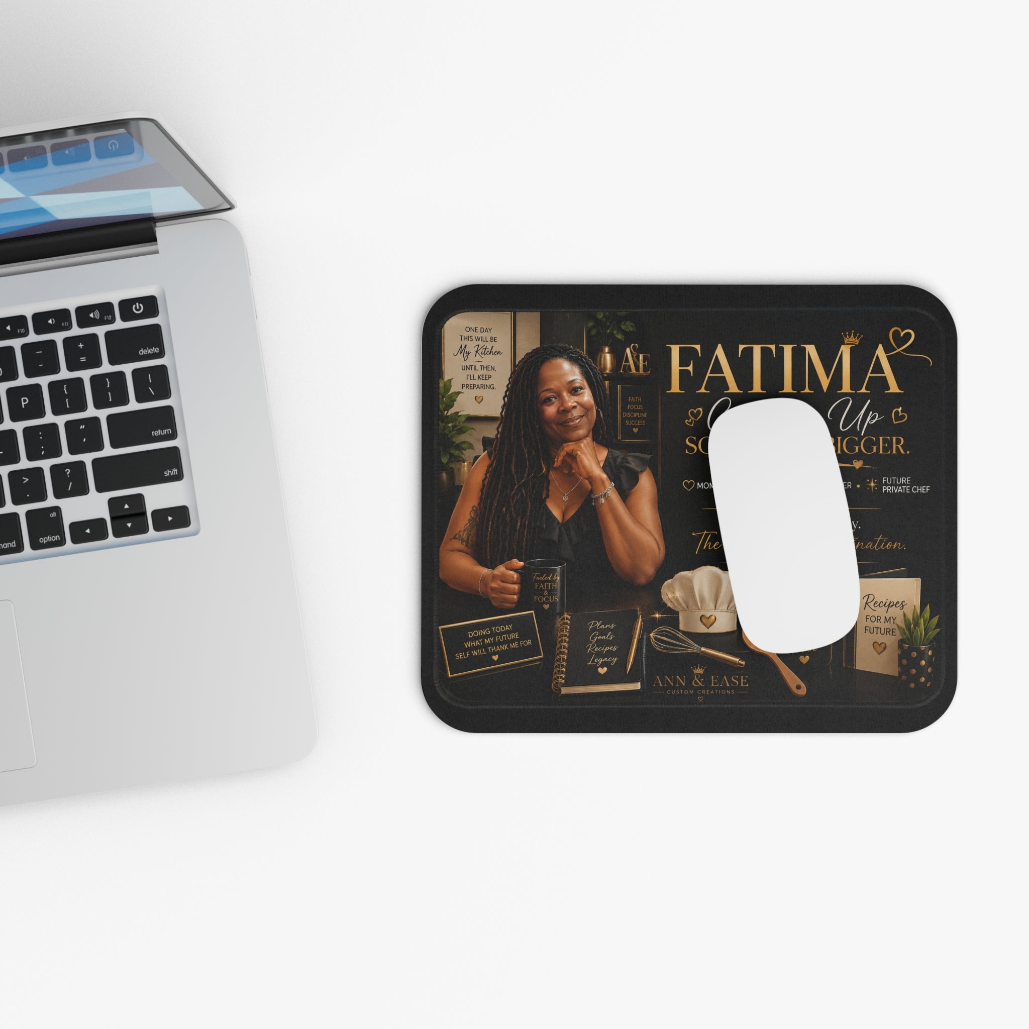 Personalized Cooking Mouse Pad — “Fatima: Cooking Up Something Bigger” Inspirational Kitchen Desk Mat
