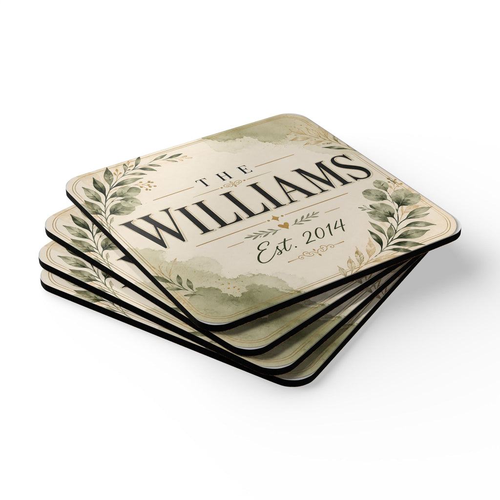 Personalized Cork Coaster Set — Rustic Floral ‘The [Name]’ Est. 2014