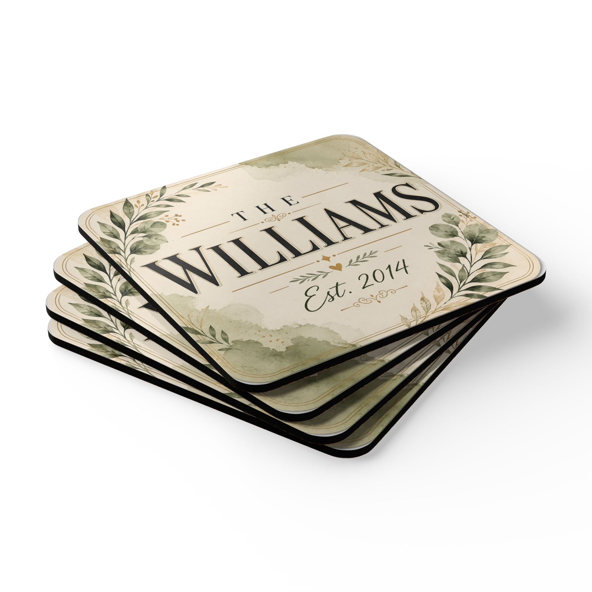 Personalized Cork Coaster Set — Rustic Floral ‘The [Name]’ Est. 2014