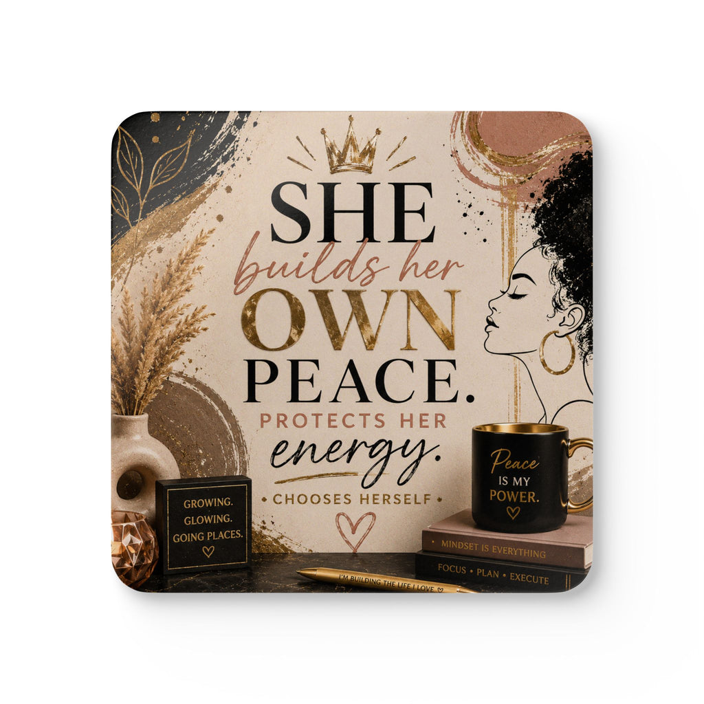 Inspirational Cork Coaster Set – "She Builds Her Own Peace"