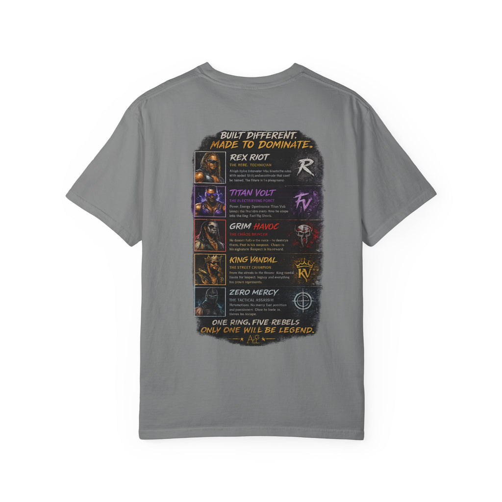 Playera — Camiseta gráfica Ring Rebels (Rex Riot, Titan Bolt, Grim Havoc, King Vandal, Zero Mercy)