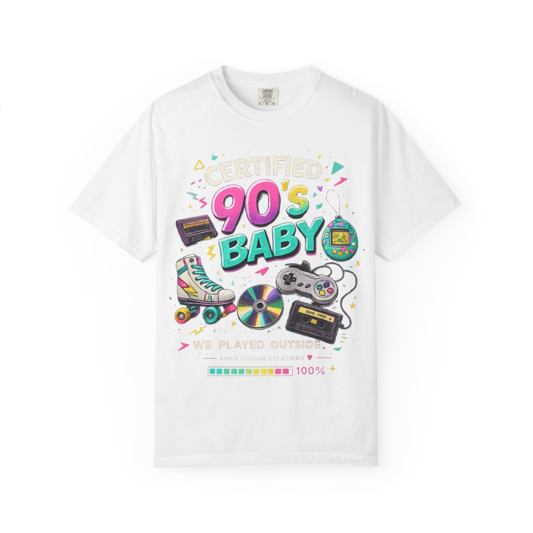 90's Baby T-Shirt — Retro 90s Nostalgia Tee with Cassette, Gamepad & Rollerblade Graphics