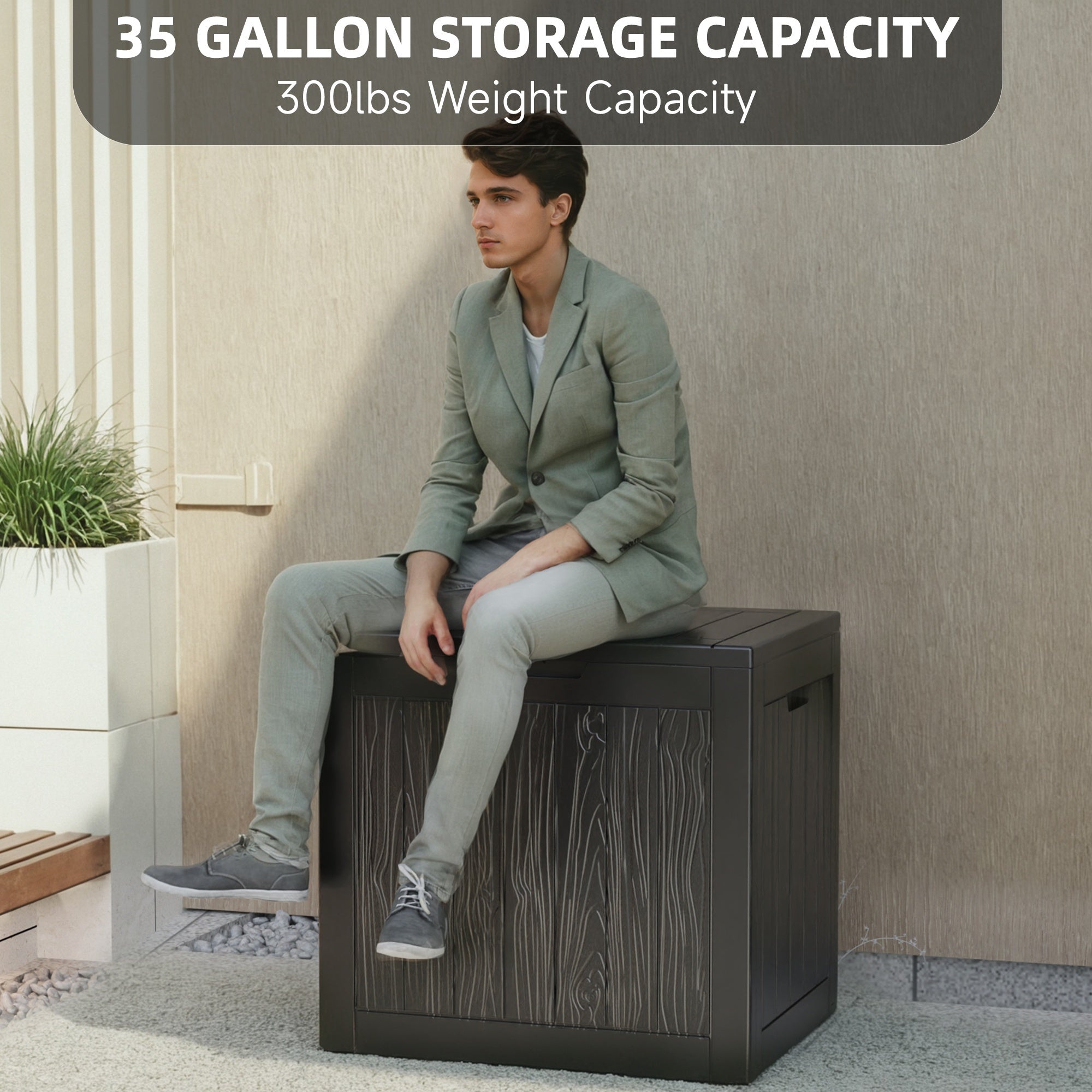Arcón de almacenamiento de resina para exterior de 35 galones – Negro/Aspecto madera