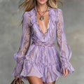 Women's Snake Print Puff Sleeve Mini Dress | Boho V-Neck Ruffle Hem Dress in 2 Colors