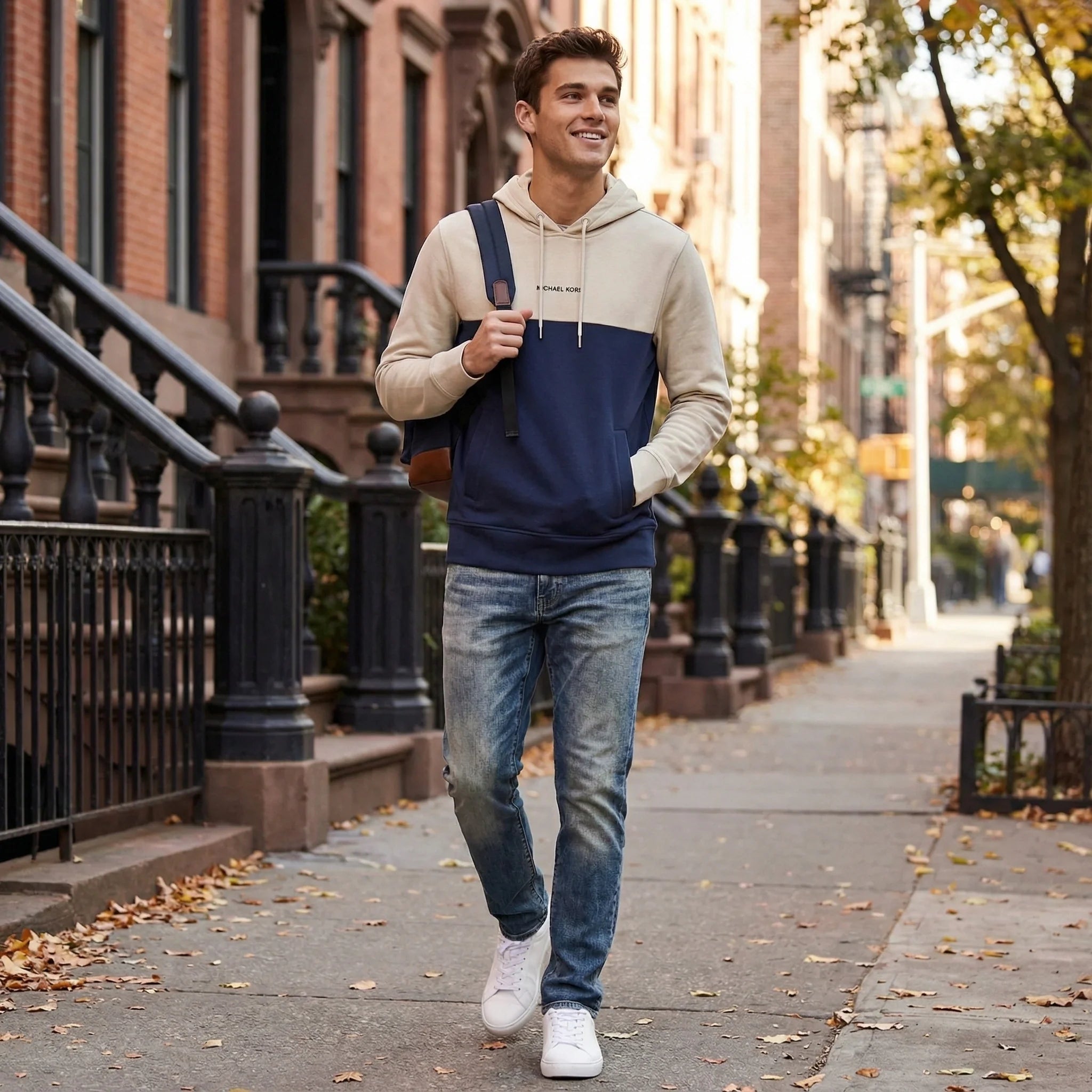 Michael Kors Sudadera con Capucha para Hombre, Azul y Canela, Talla G