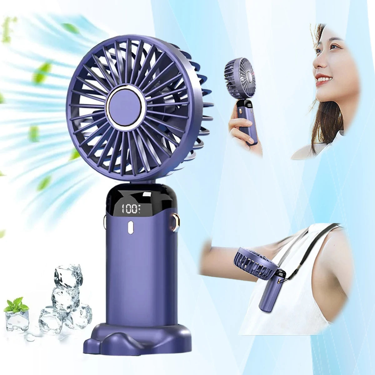 3-in-1 Mini Fan — LED Display, 5 Speeds, Neck/Desk/Handheld
