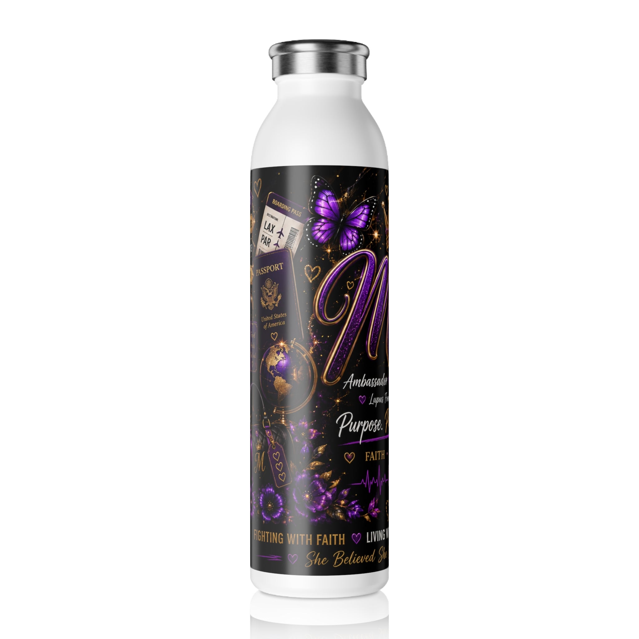 Slim Water Bottle — Mimi Inspirational Crown Design, Purple Butterfly Motivational Bottle