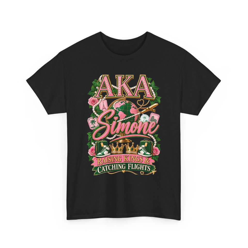 AKA Simone Globe Crown T‑Shirt — Pink & Green Sorority Travel Tee