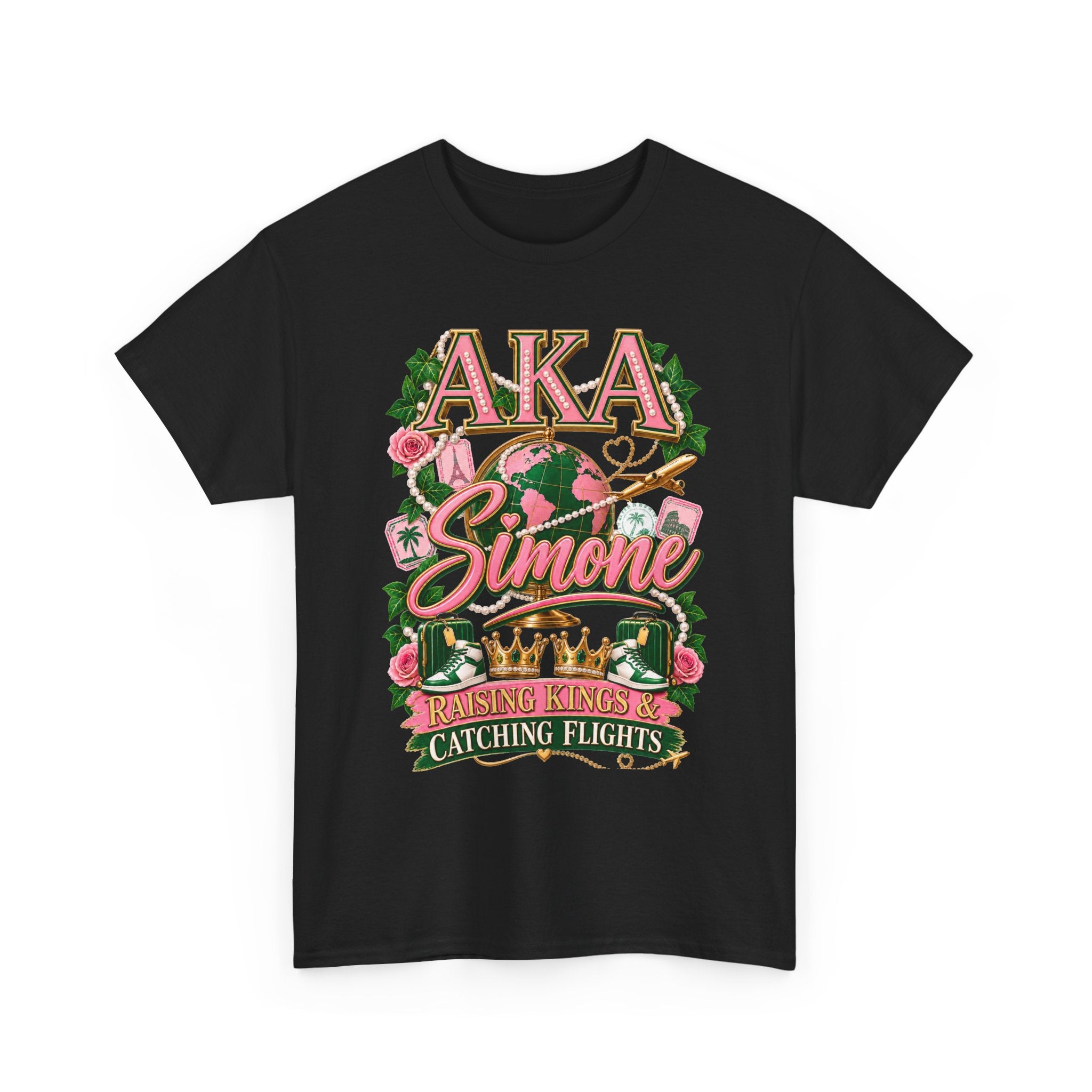 AKA Simone Globe Crown T‑Shirt — Pink & Green Sorority Travel Tee