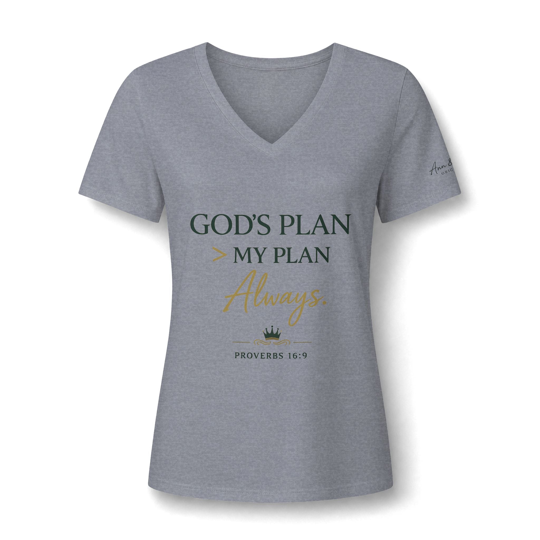 Women's V-Neck Tee — "God's Plan > My Plan Always" Faith Graphic