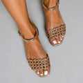 Women's Woven Hollow-Out Flat Sandals | Open Toe Buckle Strap Sandals in Gold