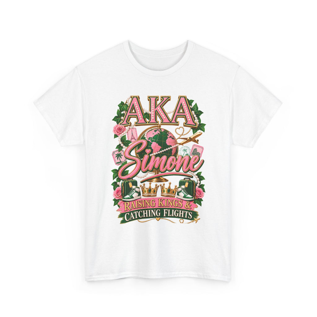 AKA Simone Globe Crown T‑Shirt — Pink & Green Sorority Travel Tee