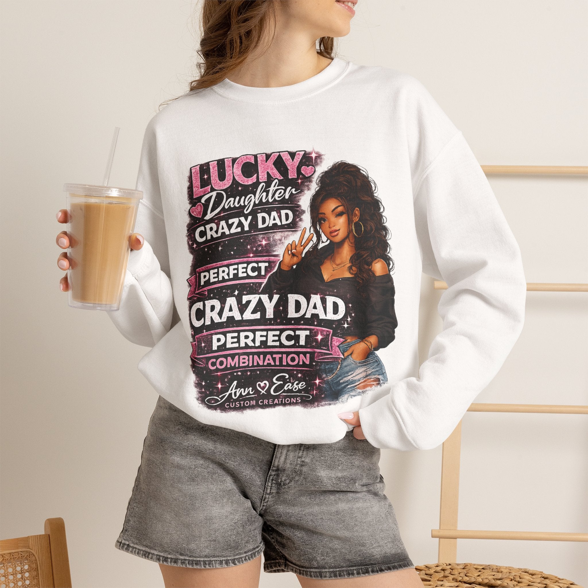 Crewneck Sweatshirt — "Lucky Daughter, Crazy Dad" Pink Graphic Father-Daughter Pullover