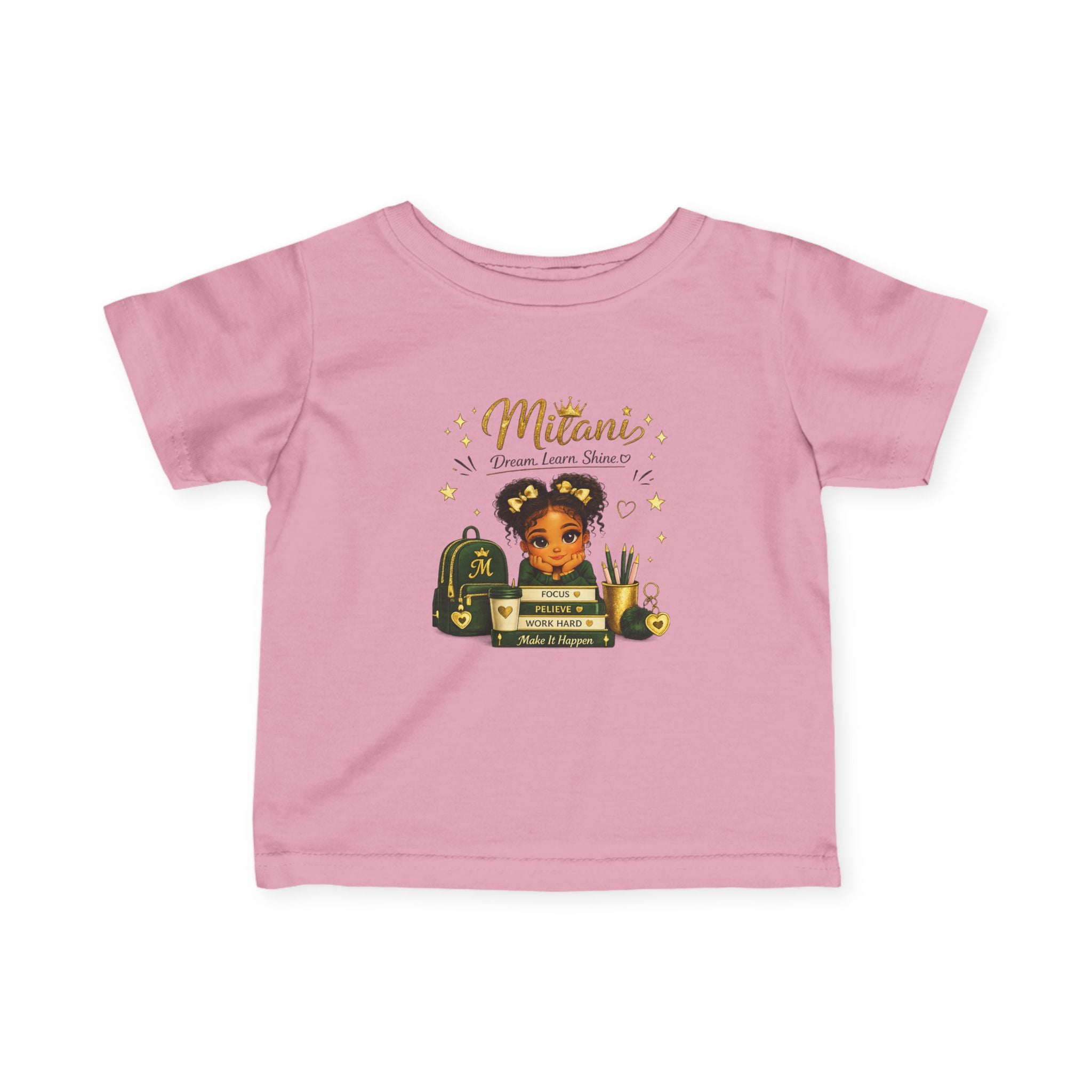 Infant Tee — "Little Girl with Big Dreams" Gold & Black Back-to-School Design