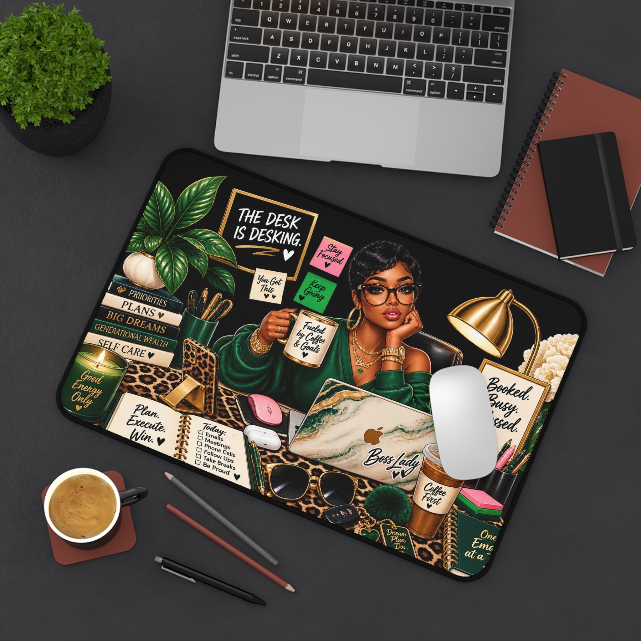 Boss Lady Desk Mat — Motivational Office Mousepad with 'Booked, Busy, Blessed' Design