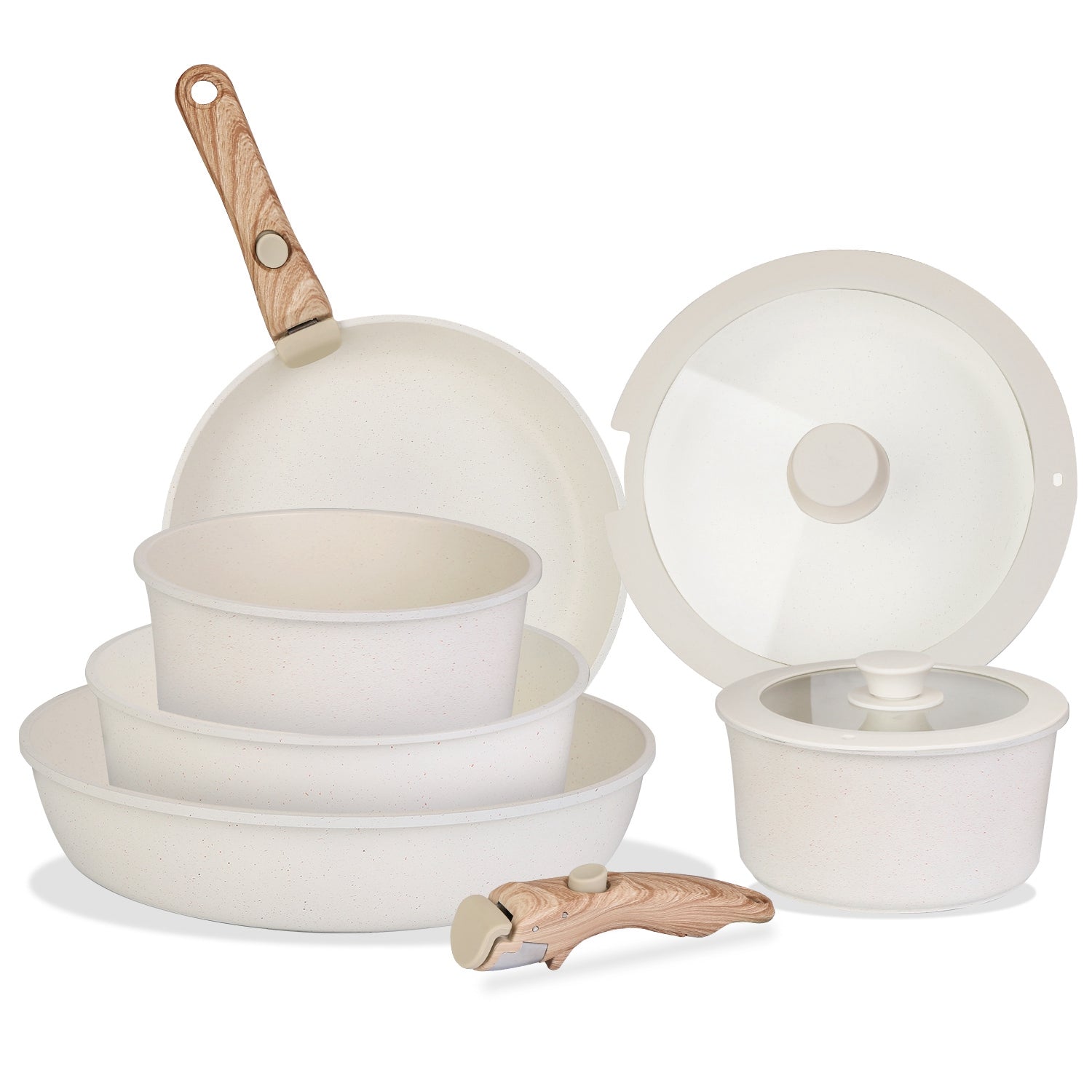 Juego de utensilios de cocina antiadherentes de 9 piezas, ollas y sartenes con asas desmontables, tapas de vidrio templado, aptas para lavavajillas y horno, de aleación de aluminio.