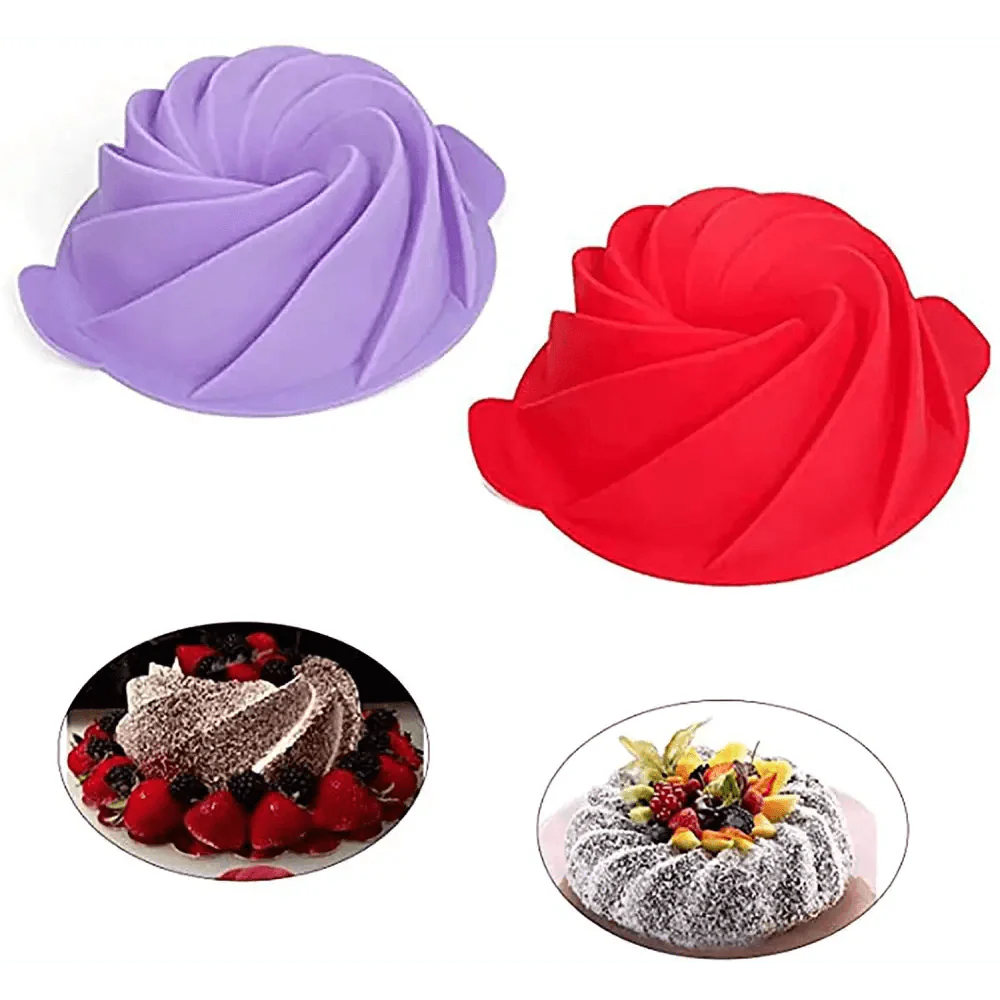 2 unidades de molde de silicona para Bundt Cake, grande en forma de espiral, de 10 pulgadas, molde para hornear pan, herramientas de horneado, molde para pasteles con forma de ciclón, herramienta para hornear